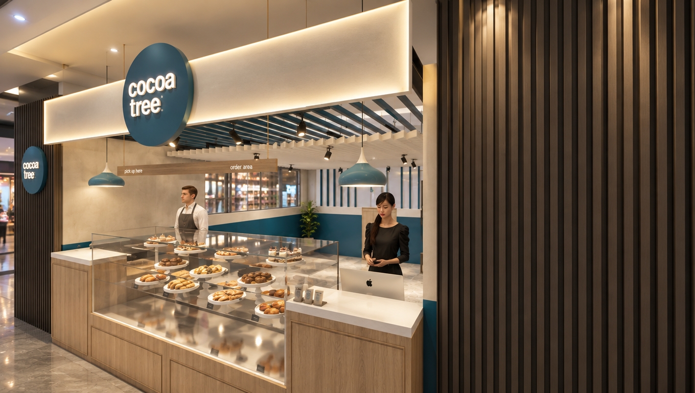 An incredibly lifelike, richly detailed, photorealistic interior shot of a minimalist "Cocoa Tree" café set in a bustling modern commercial corridor at night. The scene is illuminated by warm, diffused LED cove lighting integrated into the signage and soft, directional spotlights that highlight the texture of the vertical-slat charcoal walls, creating a serene, Zen-inspired atmosphere. Captured with a 35mm wide-angle lens, the composition emphasizes the clean lines of the light oak cabinetry and the crystalline clarity of the glass pastry display case.

The design is a masterclass in functional elegance, featuring a monochromatic palette of crisp whites, charcoal grays, and subtle teal accents that ground the space. Sleek metal pendant lights finished in a soft, muted blue hang gracefully above the service area, while the uncluttered, matte-white countertops emphasize a clutter-free, streamlined aesthetic. The deliberate placement of the staff behind the counter creates a sense of professional warmth, complemented by the understated placement of indoor greenery that adds a touch of organic life to the polished, modern environment. The depth of field is shallow, drawing the eye toward the curated selection of pastries, with sharp reflections on the polished surfaces suggesting a premium, high-end retail experience.