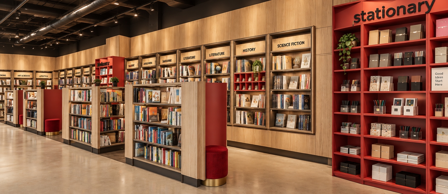 Architectural photograph of the modern bookstore and stationery shop, maintaining the exact perspective and layout with realistic materials. The ceiling above features an exposed matte black industrial plenum with visible metal ducting, while the floor is finished in a smooth, seamless beige-toned vinyl with soft satin reflections. Diffuse, warm ambient interior lighting softly illuminates the natural light oak wood shelving, crisp book covers, and bold matte-red display units, creating gentle gradients and realistic contact shadows. Captured with a professional wide-angle lens, sharp focus across textures, natural color saturation, and subtle filmic grain for true-to-life realism.