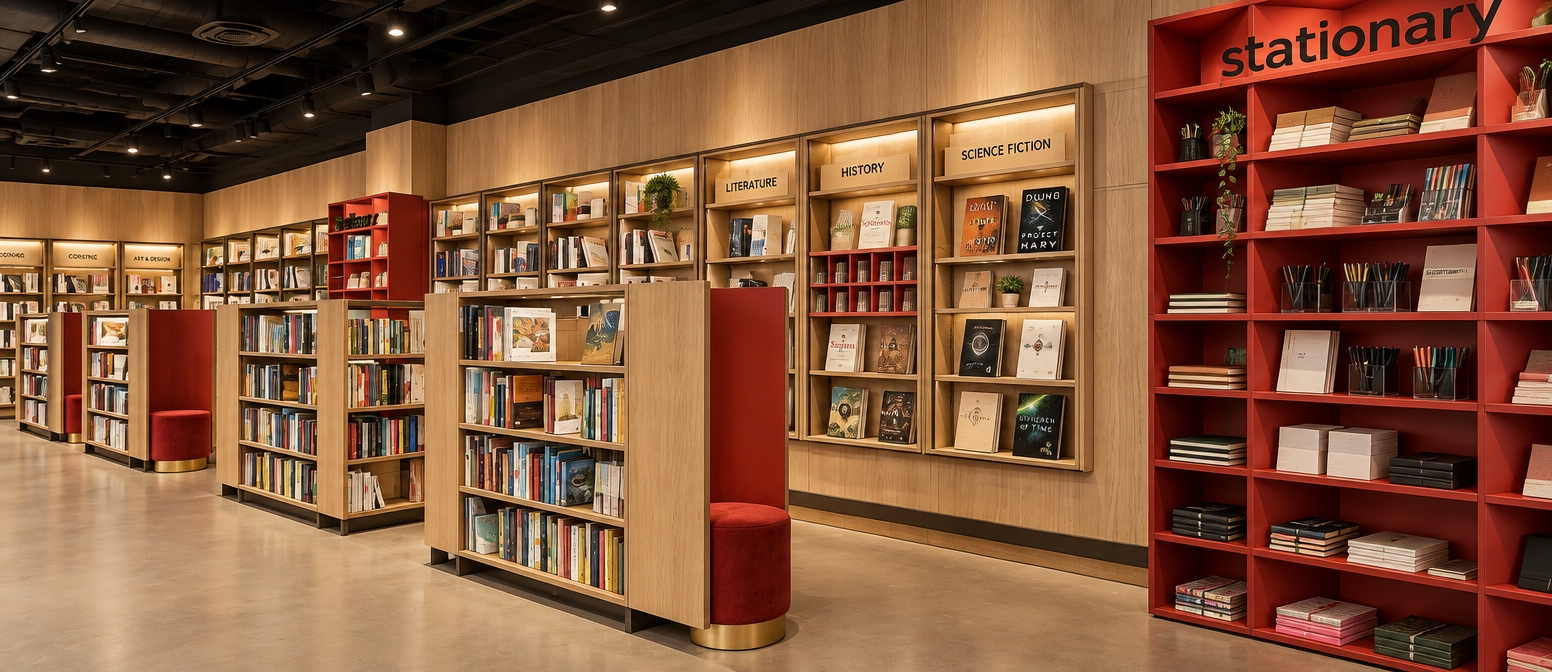 A crisp architectural interior photograph of a modern bookstore and stationery shop, preserving the exact layout and perspective. Above, an exposed matte-black industrial ceiling with visible ductwork and subtle track lighting casts soft, diffused ambient light across the interior. The floor is rendered as a smooth, seamless beige vinyl with a faint satin sheen reflecting the warm lighting. Natural light-oak wood grain details the shelving units and wall cladding, contrasted by the smooth matte red display towers and upholstered cylindrical seats. Book spines and paper covers display realistic tactile textures, sharp details, and gentle contact shadows for a photorealistic finish.