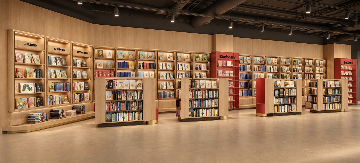 A photorealistic architectural photograph capturing the exact bookstore layout, featuring an exposed matte black industrial ceiling with visible ductwork and conduit. The floor is finished in seamless, beige-toned vinyl with soft, diffused sheen. The space is filled with warm, even retail lighting that casts gentle ambient shadows beneath the light-wood and red display shelving. Natural textures on book spines, paper products, and wooden cabinetry are crisp and tactile, photographed on a wide-angle lens with balanced exposure and deep depth of field.