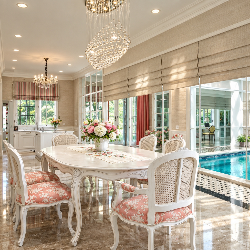 An incredibly lifelike, richly detailed, photorealistic wide-angle interior photograph of an opulent dining room embracing contemporary elegance set in a sun-drenched luxury villa. The scene is illuminated by crisp, radiant midday sunlight pouring through floor-to-ceiling gridded French doors, subtly complemented by warm recessed ceiling downlights and the delicate refraction from an cascading oval crystal teardrop chandelier, creating a serene, luminous, and refined atmosphere. Captured with a Hasselblad H6D-100c and a 28mm f/4 wide-angle lens, emphasizing the high-gloss reflection of seamless polished Fior di Bosco marble flooring, the tactile grain of woven caning on the restored Louis XV-inspired armchair backs, and the fine silk-jacquard weave of soft coral and ivory floral upholstery. At the center sits a graceful, chalk-white carved wood oval dining table adorned with a vibrant porcelain vase of freshly arranged hydrangeas and peonies atop a delicate linen runner. The surrounding walls are upgraded with understated champagne grasscloth wallpaper and clean neoclassical molding, balanced by crisp, tailored neutral-linen Roman blinds folded over the expansive glass wall that reveals a tranquil, turquoise-water indoor plunge pool bordered by intricate monochrome mosaic coping. Free of watermarks, graphics, or visual clutter, the revitalized composition effortlessly harmonizes French provincial charm with sleek modern luxury, maximizing spatial depth and natural light for an utterly pristine architectural portrait.