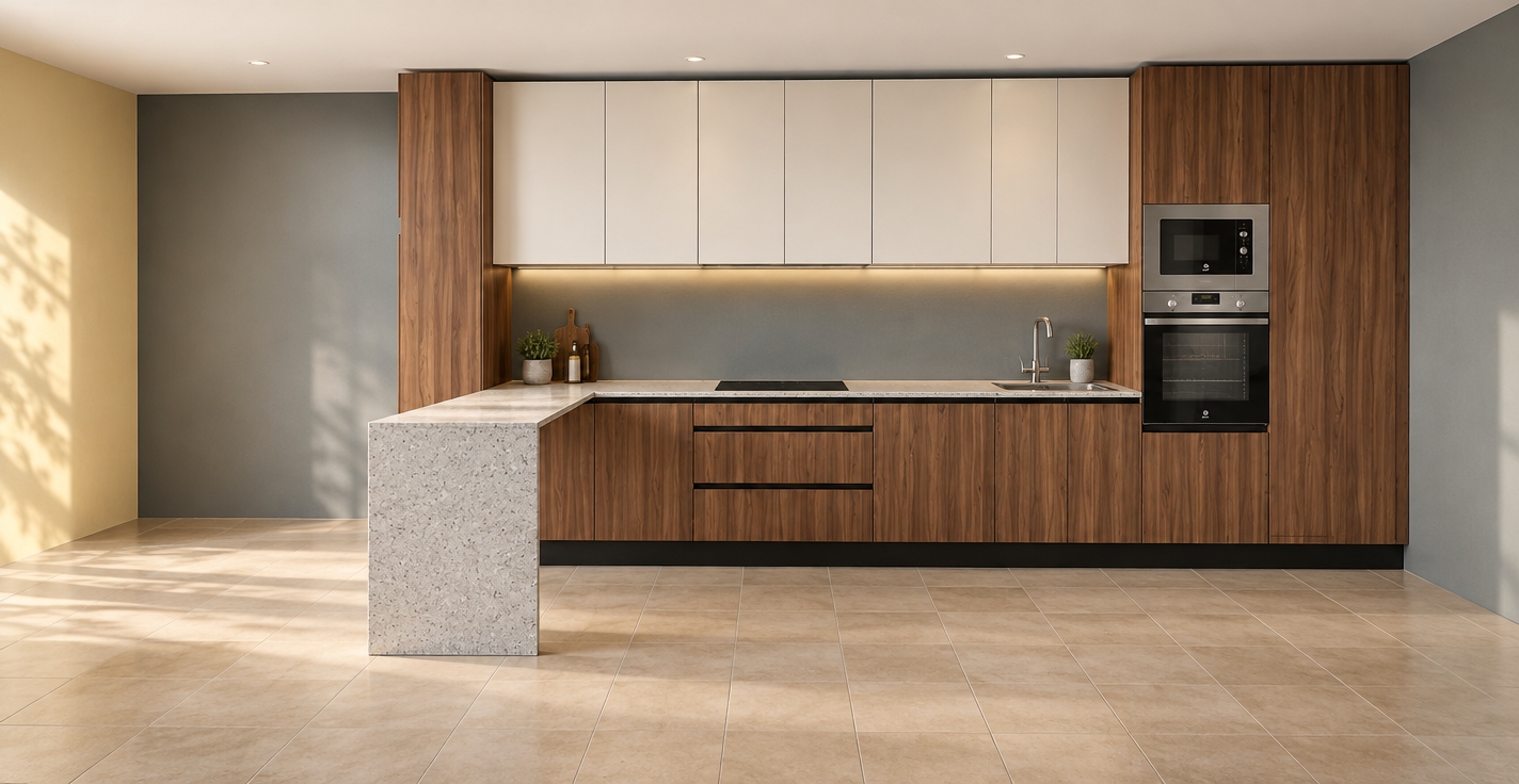 A crisp architectural interior photograph preserving the exact layout, geometry, and materials of the kitchen scene. Diffuse daylight and soft warm ambient light illuminate the space, accentuating authentic surface textures including the vertical wood grain on the lower and tall cabinetry, the smooth matte finish of the upper white cabinets, the speckled mineral depth of the stone waterfall countertop, and the subtle sheen across the tiled floor. Stainless steel appliances, the ceramic cooktop, and the faucet display realistic micro-reflections and soft highlights. Captured with a professional wide-angle lens, featuring balanced dynamic range, natural soft shadows, and clean, photorealistic finishes throughout.