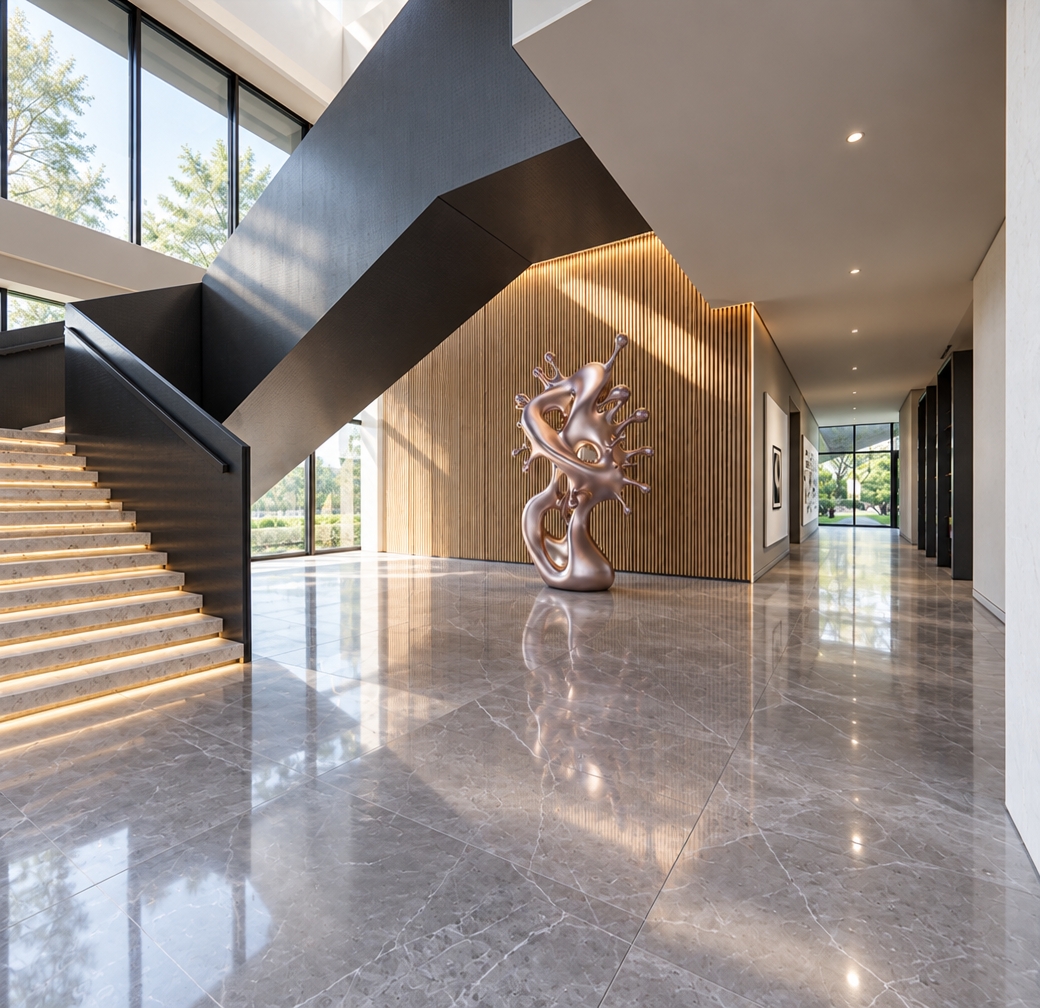 An incredibly lifelike, richly detailed, photorealistic wide-angle interior shot of a contemporary gallery atrium set in a high-end corporate or exhibition space. The scene is illuminated by soft, diffused midday spring light streaming through floor-to-ceiling glass, creating a serene, sophisticated, and airy atmosphere. Captured with a 24mm tilt-shift lens, the composition emphasizes the clean lines of the floating staircase and the striking contrast between matte charcoal metal and warm, rhythmic timber slats.

The flooring consists of large-format, cool-toned grey marble tiles, reflecting the gentle glow of the ambient light and the subtle illumination emanating from the stair treads. Central to the space is a fluid, organic sculpture in a metallic rose-gold finish, acting as a focal point against a vertical wood-slatted feature wall that glows under integrated warm cove lighting. The architectural geometry is precise, with deep, natural-looking shadows defining the edges of the cantilevered staircase and the transition into the linear corridor beyond. Through the rear glass wall, a lush, vibrant green landscape is visible, suggesting a peaceful garden setting that completes this masterful study in modern elegance and structural harmony.