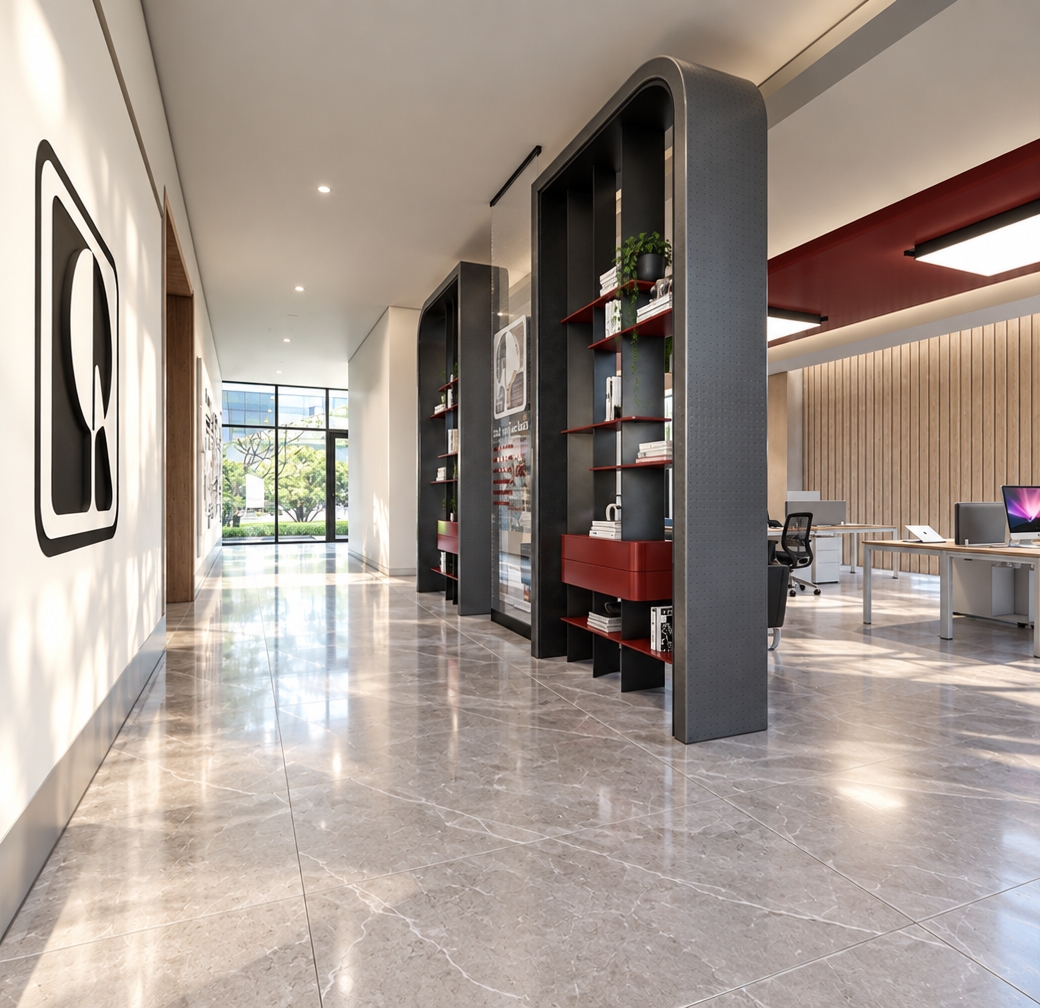 An incredibly lifelike, richly detailed, photorealistic interior perspective of a high-end corporate office lobby and workspace set in an urban headquarters during a bright spring midday. The scene is illuminated by soft, natural daylight streaming through expansive floor-to-ceiling glass panels, creating a clean, professional, and tranquil atmosphere. Captured with a wide-angle 24mm lens, the image emphasizes the smooth, cool-toned veins of the large-format marble floor tiles and the intricate, brushed-metal textures of the bespoke charcoal grey curved shelving units.

The composition highlights the elegant transition between the minimalist circulation path and the vibrant workspace, where deep crimson accents on the shelving and ceiling soffit provide a sophisticated contrast to the neutral walls. Sunlight filters from the exterior garden, casting gentle, soft-edged shadows that ground the furniture, while the subtle, polished reflections on the glass partitions and computer monitors add a layer of tangible depth. Every material—from the matte finish of the custom office desks to the crisp, modern branding graphic on the wall—is rendered with precise sharpness, conveying a sense of contemporary elegance and premium architectural quality.