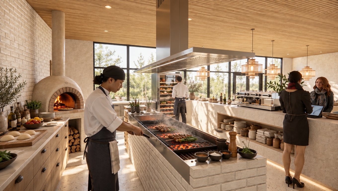 A photorealistic architectural photograph capturing the exact layout, geometry, and composition of the open-plan restaurant kitchen, transformed with tactile Japandi materiality. The scene features authentic light textured plaster walls, tactile white handmade brick, and a pale wood-slat ceiling, illuminated by natural daylight balanced with 3500K warm-toned pendant light. The pizza oven exhibits a hand-plastered beige mineral finish with a brick arch opening onto an authentic interior fire, burning firewood, glowing embers, and a baking pizza. The central brick grill station is fitted with glowing red-hot charcoal, a steel grate, and skewers tended by the chef, complemented by a brushed metal commercial extraction hood above. Professional culinary mise en place—wooden cutting boards, dough balls, and fresh produce—neatly adorn the matte stone countertops, while the guest counter features subtly integrated shelving holding folded linens and culinary tools. Shot on a full-frame architectural lens at f/8 with balanced dynamic range, realistic specular highlights on stainless steel, gentle falloff, and natural surface textures.