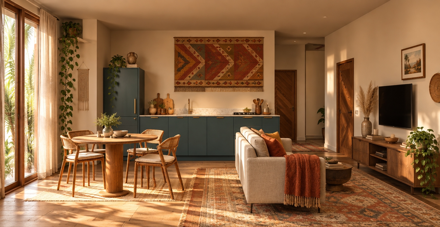 An incredibly lifelike, richly detailed, photorealistic interior shot of a vibrant, open-concept kitchen and living space, set in a sun-drenched bohemian oasis. The scene is illuminated by soft, golden-hour light streaming through the large window, creating an inviting, free-spirited atmosphere. Captured with a 35mm lens, the rendering emphasizes the interplay of textures, from the smooth matte finish of deep teal cabinetry to the intricate weave of rattan dining chairs and macrame accents. 

Warm rust and mustard-toned textiles layer over the space, complementing the earthy neutral walls and the layered, hand-woven rugs beneath the dining set. The wall above the kitchen counter serves as a focal point, adorned with a large, textured tapestry that anchors the eclectic aesthetic. Lush greenery, including trailing pothos and elegant pampas grass, breathes life into the room, spilling from corners and shelves. Vintage-collected ceramics and handcrafted decor elements are thoughtfully placed, lending an authentic, globetrotting charm to the room. The composition is balanced and airy, with the perspective pulling the eye toward the seamless flow between the cozy dining nook and the relaxed living area, all captured with a shallow depth of field that renders the background in a soft, dreamy blur.