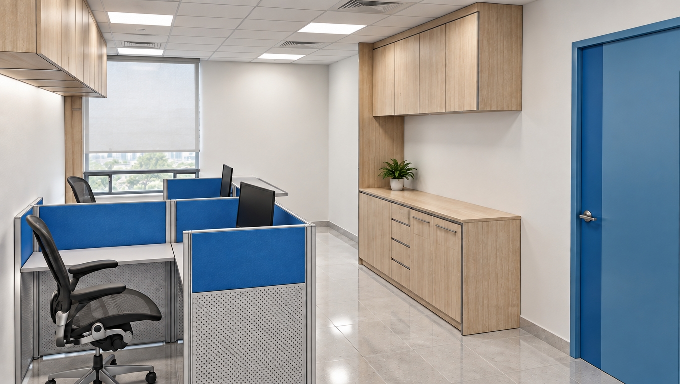 A professional architectural photograph of the office interior, strictly preserving the exact layout, geometry, and materials with realistic physical lighting. Soft, neutral 4000K illumination from the recessed ceiling panel lights blends with gentle diffuse daylight from the window, casting natural, soft-edged shadows. The light wood cabinetry displays a subtle matte sheen with visible grain texture, balanced by soft, authentic reflections on the polished light gray quartz floor tiles. Fine acoustic fabric weave on the blue partition screens, crisp perforated metal panels, and slight camera sensor grain bring realistic depth and eliminate any digital render appearance.