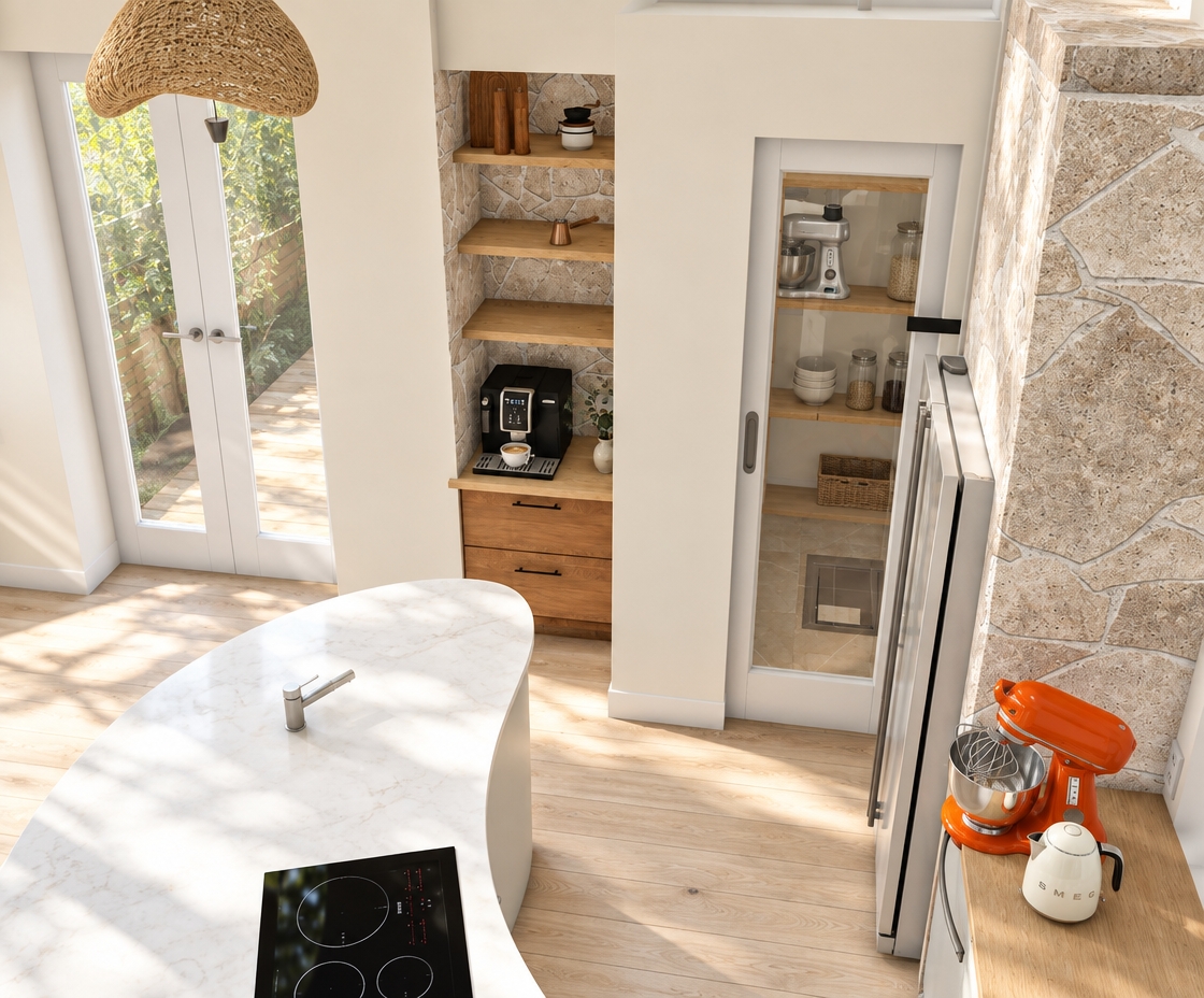 A photorealistic, high-angle interior photograph of the kitchen scene during a bright summer midday, maintaining the exact geometry, layout, and composition. The space is filled with intense, natural midday sunlight casting soft ambient bounce across the warm beige walls and light flooring. Crisp highlights define the surfaces, showcasing realistic physical textures: fine wood grain on the niche shelves and lower drawers, rugged tactile stone along the accent walls, a glossy vibrant orange coat on the stand mixer, and subtle specular reflections on the black induction cooktop and coffee machine. The glass pantry door features realistic transparency and faint reflections, captured with a clean wide-angle lens, balanced natural exposure, faint optical depth of field, and subtle micro-textures throughout.