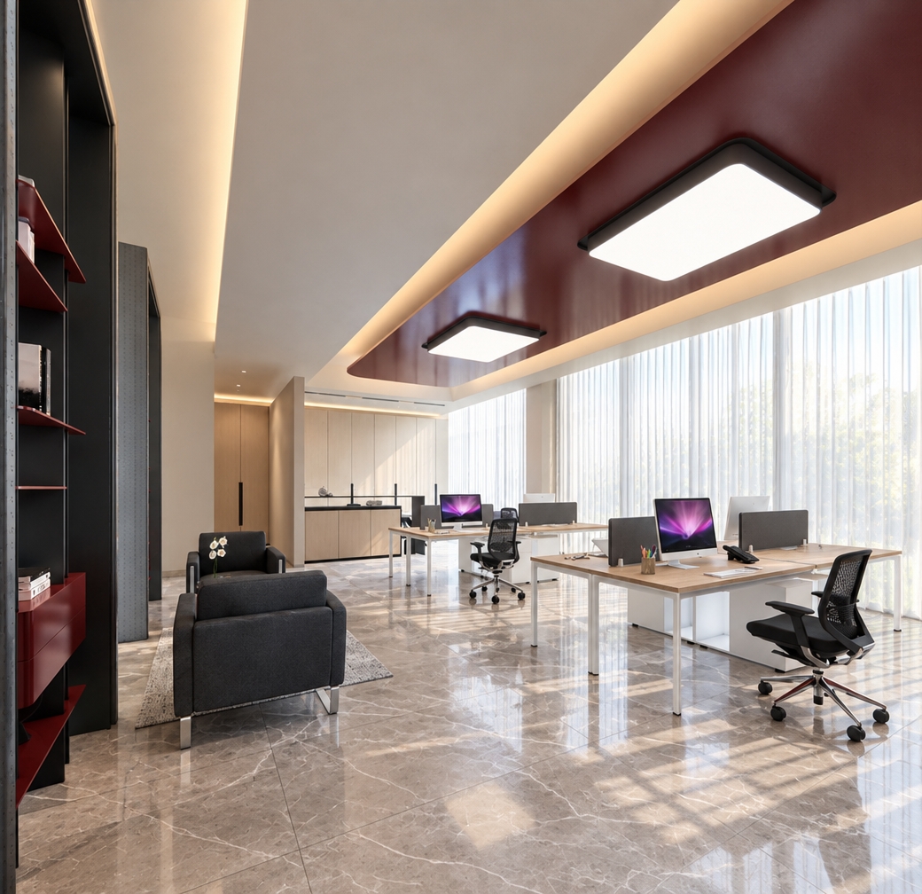 An incredibly lifelike, richly detailed, photorealistic wide-angle interior shot of a contemporary professional office suite set in a high-end corporate environment. The scene is illuminated by crisp, natural midday spring sunlight filtering through floor-to-ceiling sheer curtains, combined with the warm, diffused glow of recessed architectural cove lighting, creating a polished, sophisticated atmosphere. Captured with a 24mm wide-angle lens, emphasizing the fine grain of the natural oak workstations, the cool, smooth texture of the large-format marble floor tiles, and the matte, premium finish of the deep burgundy ceiling soffit.

The composition highlights a seamless transition between a casual lounge area, anchored by sleek, charcoal-upholstered armchairs on a soft textured rug, and a productive open-plan workspace. The clean lines of the white powder-coated workstation frames contrast beautifully with the vertical rhythm of the white slatted wall paneling in the background. Subtle reflections dance across the polished desk surfaces and modern computer monitors, while soft, grounded shadows define the depth of the space. Every element, from the slender shelving unit on the left to the minimalist office chairs, is rendered with precise clarity, showcasing a harmonious balance of form, functionality, and modern elegance.