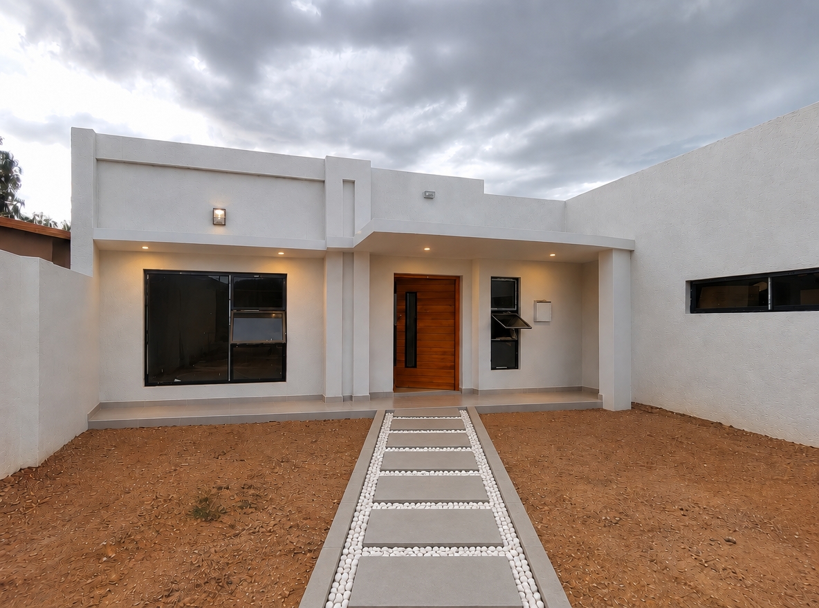 add pathway straight and centered inline with the wooden front door. pathway to be blocks and white stones between, framed with concrete edge. pathway to be same height as stoep