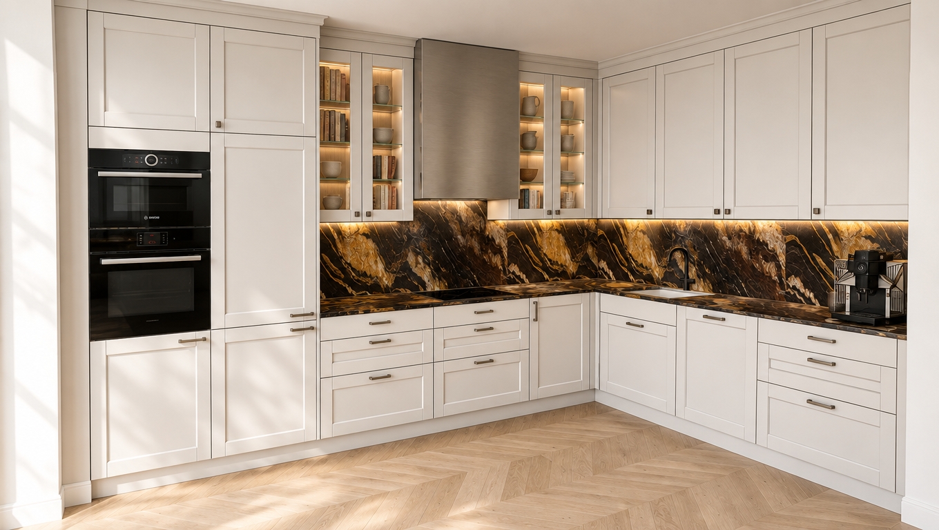 An incredibly lifelike, richly detailed, photorealistic interior shot of a sophisticated L-shaped kitchen set in a serene Scandinavian sanctuary. The scene is illuminated by soft, natural midday light spilling in from the left, gently washing over the matte-white cabinetry and warming the light-toned herringbone oak floor, creating an airy, peaceful atmosphere. Captured with a 35mm wide-angle lens, emphasizing the dramatic contrast between the crisp, shaker-style cabinetry and the bold, high-contrast black and gold marble backsplash that flows seamlessly along the counters. A sleek, metallic stainless steel hood serves as a sharp focal point, while subtle, warm under-cabinet LED strips cast a golden glow across the polished stone worktops. Inside the glass-fronted upper cabinets, a soft, diffused interior glow highlights a curated collection of rustic ceramics and leather-bound cookbooks, adding a layer of lived-in luxury. The crown molding reaches perfectly to the ceiling, emphasizing the verticality of the floor-to-ceiling pantry unit on the left, while the dark hardware and integrated appliances provide a refined, contemporary balance to the organic, light-filled space.