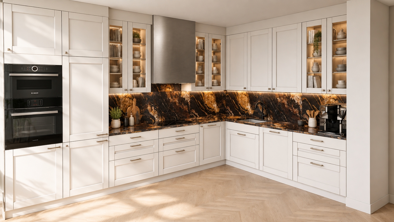 An incredibly lifelike, richly detailed, photorealistic interior shot of a sophisticated L-shaped kitchen set in a serene Scandinavian sanctuary. The scene is illuminated by soft, natural daylight streaming in from the left, casting a gentle, airy glow across the space while accentuating the crisp matte finish of the white cabinetry. Captured with a 35mm lens, the rendering highlights the striking contrast between the clean-lined, shaker-style kitchen units and the dramatic, high-gloss "Sahara Noir" marble backsplash, which features bold gold and copper veining that glows under the warm, integrated under-cabinet LED strips. The upper cabinetry extends seamlessly to meet the ceiling, creating a refined, custom-built look, while the glass-fronted vitrines offer a glimpse of curated culinary charm with tastefully arranged cookbooks and artisanal ceramics illuminated by subtle interior accent lighting. A brushed stainless steel range hood anchors the composition, reflecting the ambient light and adding a modern industrial touch to the harmonious, high-end atmosphere.