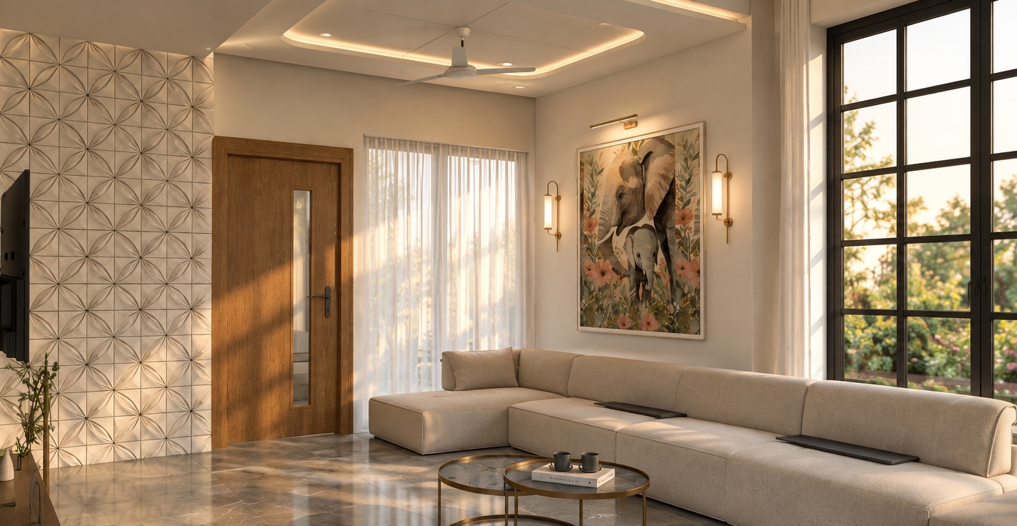 An incredibly lifelike, richly detailed, photorealistic interior shot of a minimalist living room sanctuary set in a contemporary home during the golden hour. The scene is illuminated by soft, diffused natural light filtering through sheer floor-to-ceiling curtains, creating a serene and zen-inspired atmosphere. Captured with a wide-angle 35mm lens, the rendering emphasizes the sophisticated interplay of textures: the sleek, matte-finished light beige modular sofa, the rich grain of the warm oak-toned door, and the intricate, precision-cut geometric pattern of the accent wall. The composition is grounded by a pair of elegant, circular metal-framed coffee tables resting on cool, polished gray stone tiles, while the wall art—a delicate, soft-toned depiction of elephants—acts as a refined focal point framed by slender, modern brass sconces. Clutter-free surfaces reflect the minimalist ethos, allowing the curated decor—a single artfully placed photography book and the lush, blurred greenery visible through the black-framed window panes—to breathe. The ceiling features a recessed, softly backlit cove design, casting a gentle, atmospheric glow that enhances the room’s streamlined, monochromatic elegance and underscores the seamless balance between functional design and tranquil, sophisticated living.