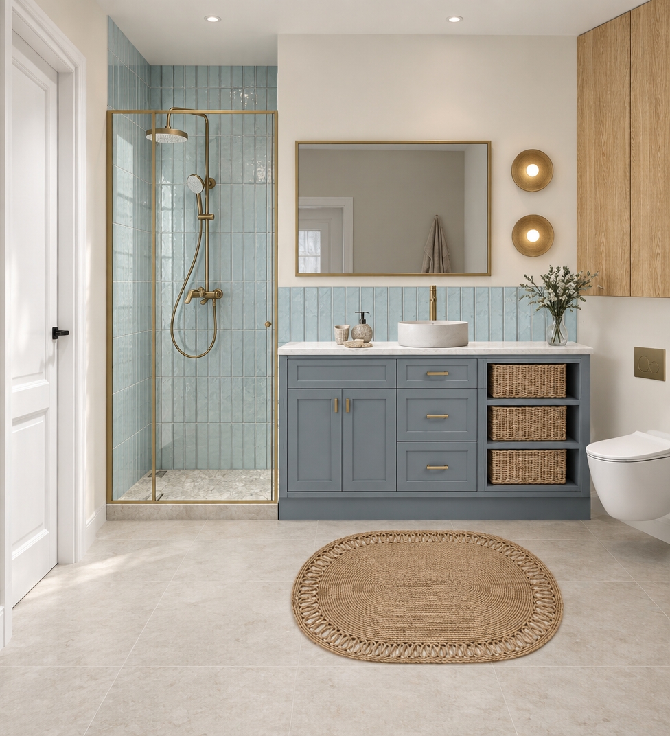 A straight-on interior architectural photograph of the exact bathroom layout shown, captured with a professional 35mm lens under neutral, diffused daylight. Render physically accurate materials: matte slate-blue cabinetry with tactile painted surfaces, fine grouting between the pale blue vertical ceramic tiles, authentic vertical grain on the natural oak cabinetry, brushed brass fixtures with subtle reflections, and a coarse braided jute rug on the smooth matte flooring. The glass shower partition displays authentic transparency and soft reflections, creating a clean, unembellished, realistic photograph free of artificial CGI sheen or cinematic filters.