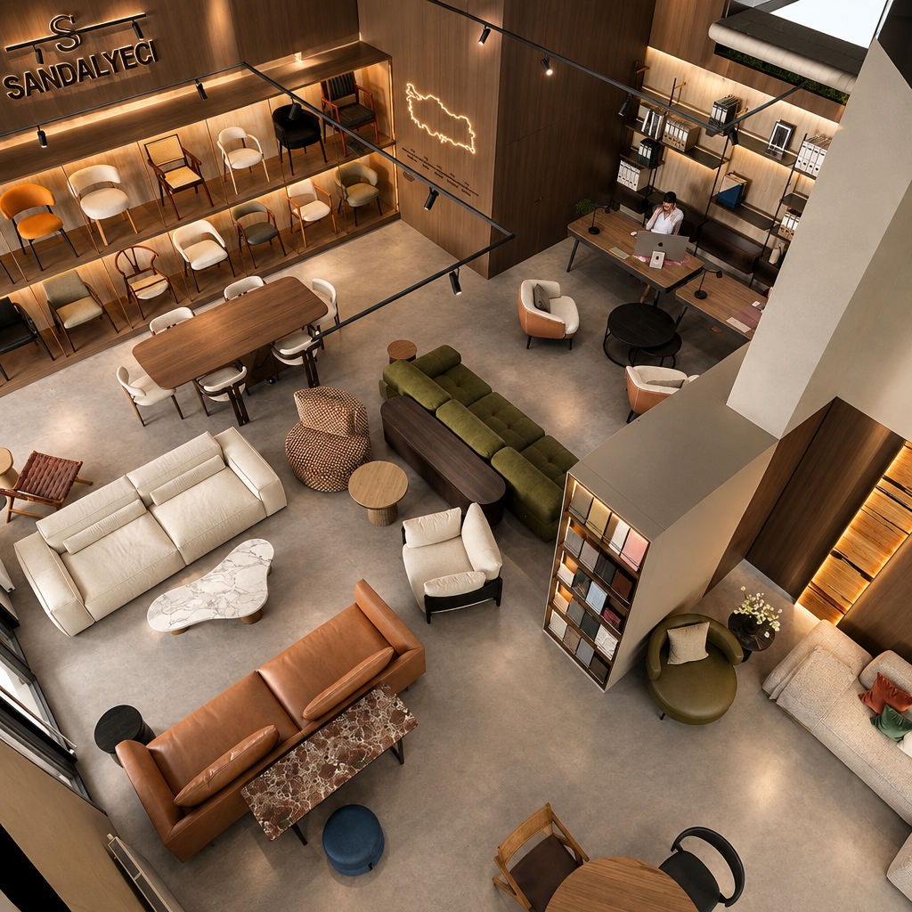 An incredibly lifelike, richly detailed, photorealistic high-angle interior shot of a sophisticated furniture showroom set in an expansive, modern commercial space. The scene is illuminated by soft, diffused recessed lighting and warm linear accent strips, creating a professional yet welcoming, high-end atmosphere. Captured with a wide-angle lens, emphasizing the rich textures of velvet, top-grain leather, polished marble, and natural walnut wood.
The composition highlights a meticulously curated arrangement of contemporary seating and tables, anchored by a central moss-green sofa and a sleek, cream-colored modular piece. A sophisticated material library pillar stands prominently near the center, showcasing fabric and finish swatches, while a dedicated workspace in the upper quadrant provides a glimpse into the collaborative design process. The floor is covered in a seamless, neutral-toned micro-cement, grounding the vibrant mix of burnt orange, sage, and walnut tones. Every piece of furniture—from the sculptural marble coffee table to the array of dining chairs mounted on the rear wall display—is rendered with crisp sharpness, reflecting the precision of a luxury design studio where every detail is purposefully placed to inspire.
