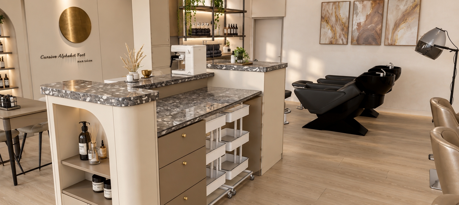 A realistic interior photograph of the modern French cream aesthetic hair salon, strictly preserving the exact geometry, composition, and perspective from the original image. The raised island bar features a polished, glossy dark grey engineered stone countertop embedded with prominent large terrazzo aggregate chips and smoothly rounded edges, resting over soft cream and taupe cabinetry with brass knobs. The floor is finished in light natural wood planks with delicate grain patterns. Soft, warm ambient light fills the space, casting subtle reflections across the glossy terrazzo surfaces and creating gentle contact shadows beneath the black leather wash stations and beige leather styling chairs, captured cleanly on a wide lens with crisp micro-textures and balanced exposure.
