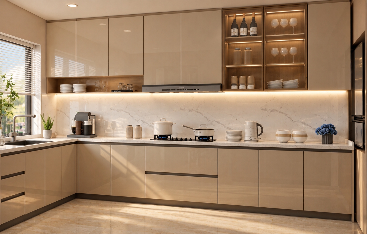 A professionally captured architectural photograph of the kitchen preserving the exact composition and layout, shot on a 35mm tilt-shift lens. The scene features enhanced, warm ambient lighting at a 3200K color temperature, combining soft natural window daylight with glowing under-cabinet LEDs. The high-gloss beige cabinetry reflects gentle environmental light with realistic surface micro-textures, while the white marble countertop displays delicate specular highlights. Natural photographic imperfections, balanced exposure, and faint film grain provide authentic realism.