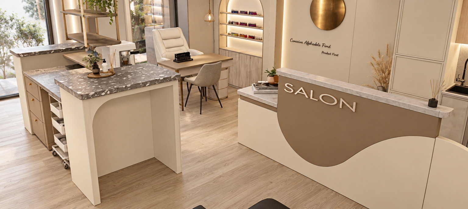 A realistic architectural photograph capturing this modern French cream salon with the exact layout and perspective preserved. The high bar counter features a polished dark grey surface with distinct terrazzo aggregate, while the adjoining lower counter displays a smooth matte stone finish with rounded edges. Surfaces are enveloped in gentle neutral cream and warm beige tones, grounded by pale natural wood flooring with fine grain. Walls flanking the arched display showcase warm bronze tinted mirrors, while clear silver mirrors line the wall area near the window. The space is illuminated by soft, diffused warm ambient light, producing subtle contact shadows, realistic reflections, and crisp material textures.