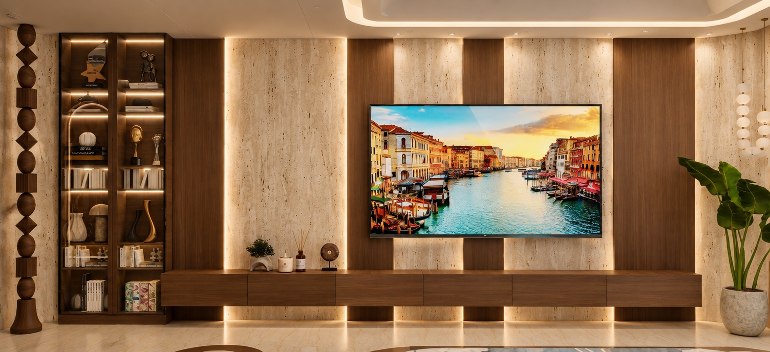 A crisp interior photograph of the modern media wall, preserving the exact layout, geometry, and placement of all cabinetry and decor. Bathe the scene in warm, inviting light with soft 3000K illumination from the integrated vertical LED strips and recessed ceiling coves, harmonizing with rich ambient warmth. Render the stone wall surfaces and flooring in creamy, organic shades of beige featuring subtle natural travertine pitting, complemented by realistic matte textures and fine grain on the walnut panels and floating credenza. Add realistic physical details, including gentle light falloff, authentic reflections on the TV panel and glass cabinet, faint micro-dust, and subtle lens vignetting captured on a sharp 35mm architectural lens.