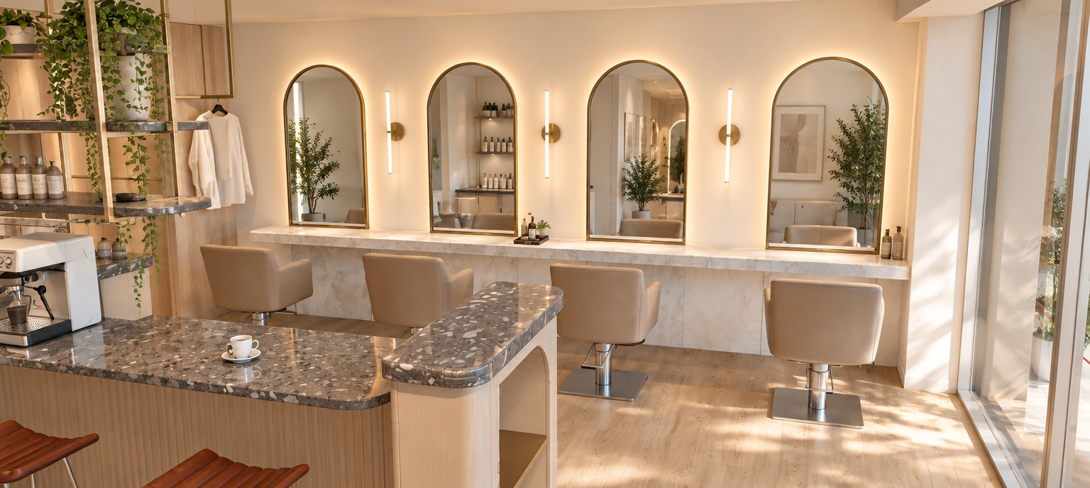 Professional architectural photograph of the modern French cream aesthetic hair salon, strictly maintaining the exact composition, perspective, and layout. The raised island counter features a glossy dark grey engineered stone with prominent terrazzo aggregate chips, while the lower styling counter displays a smooth matte white marble texture with subtle veining and soft rounded edges. Four gold-trimmed arched mirrors are illuminated by integrated warm backlighting alongside the slender vertical sconces, casting a gentle glow against the creamy neutral walls. Fine beige leather wraps the salon chairs on brushed metal bases, set over light natural oak wood floorboards. Lush trailing houseplants cascade from the overhead hanging shelf, balanced by soft, natural ambient interior lighting and refined photographic depth.