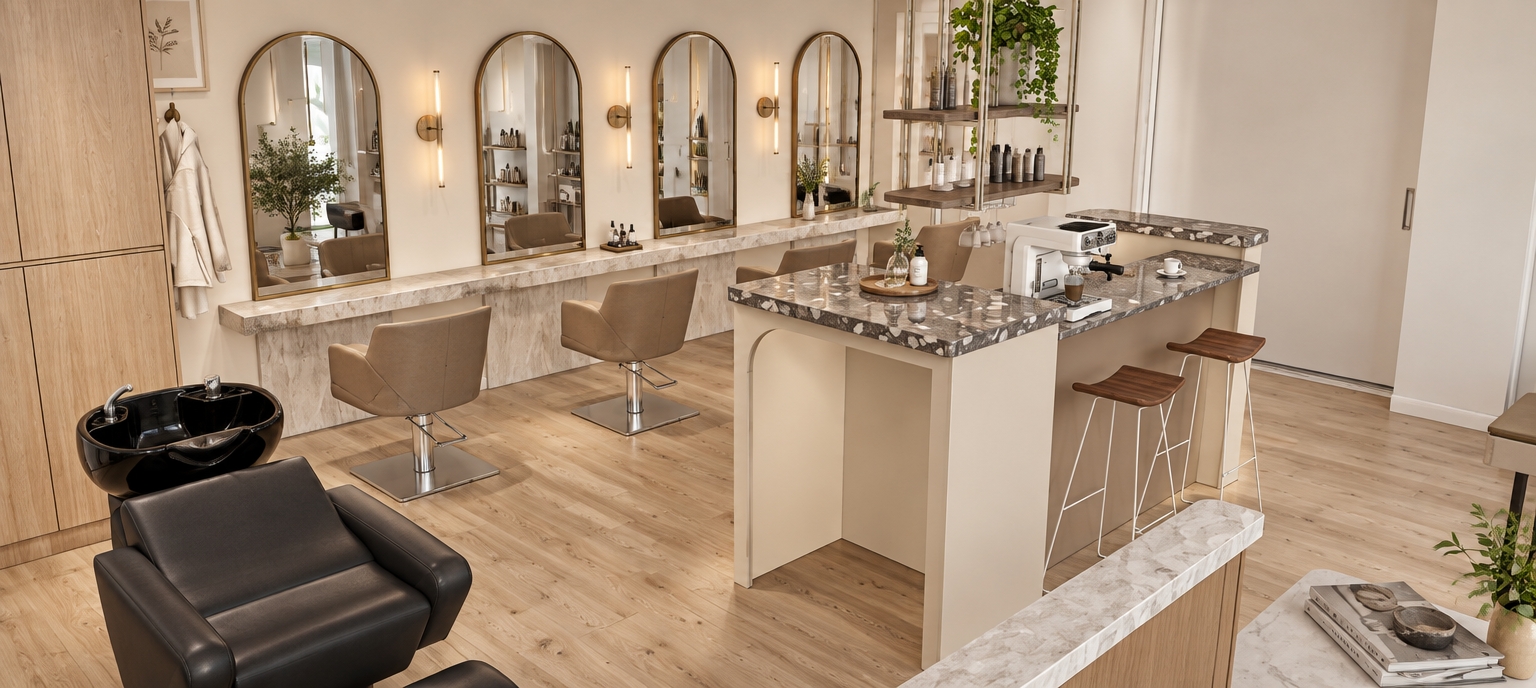 Interior architectural photograph of a modern French cream-style hair salon, maintaining the exact layout, framing, and geometry of the space. Diffused natural daylight mingles with warm ambient light from the slender wall sconces flanking the arched brass mirrors. The elevated island counter displays a glossy dark gray surface embedded with large terrazzo aggregate, contrasted by the smooth matte stone countertop of the lower bar with its rounded edges. Beneath, light natural wood grain flooring exhibits realistic planks and soft satin reflections. The scene is captured with realistic depth of field, highlighting textured cream plaster walls, supple beige leather on the styling chairs, realistic mirror reflections, and gentle contact shadows.