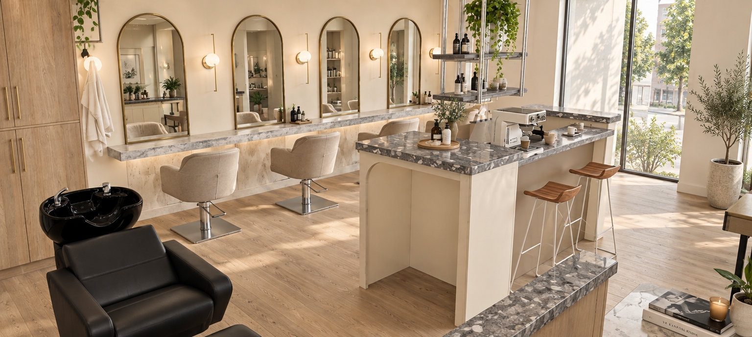A bright, wide-angle interior photograph of a modern French cream hair salon, illuminated by soft natural daylight streaming through the floor-to-ceiling window on the right and complemented by warm, diffused wall sconces. The scene features light oak plank flooring, soft beige upholstered styling chairs, and arched mirrors framed in brushed brass reflecting realistic interior depth. The central island displays a polished dark gray terrazzo top with visible large aggregate beside a smooth, matte stone bar with gentle rounded corners. Every surface is rendered with authentic material physics, including the matte black leather shampoo station, suspended metal shelving draped in realistic green foliage, and natural wood cabinetry, captured with balanced architectural lighting, subtle natural reflections, and crisp, lifelike clarity.