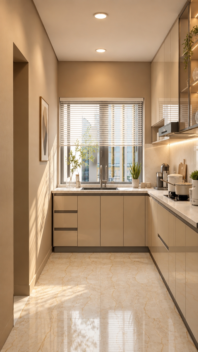 Architectural photograph of the modern kitchen, captured with a 24mm lens using warm, enhanced lighting and rich beige tones. Soft natural daylight through the window blinds blends with warm 3000K recessed ceiling lights and under-cabinet illumination, casting realistic shadows. The smooth beige cabinetry and painted walls feature authentic matte and semi-gloss micro-textures with subtle reflections. Polished countertops, stainless steel appliances, and patterned floor tiles show natural specular highlights, balanced by fine photographic grain, gentle vignetting, and realistic optical depth for true photorealism.