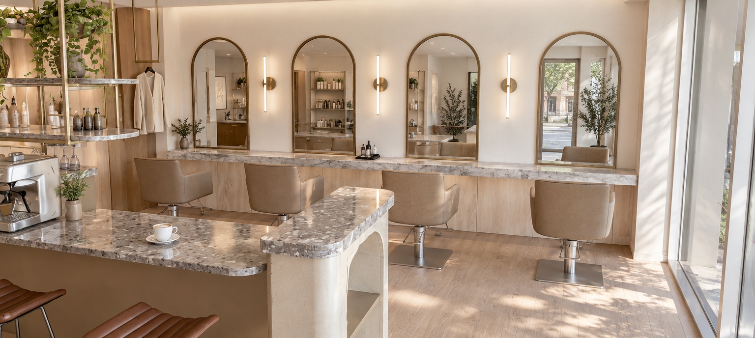 A realistic architectural photograph of the salon interior captured in crisp, natural midday daylight. The four arched brass-framed mirrors display clear reflections, complemented by slim, glowing wall sconces and four beige styling chairs on brushed metal bases. Surfaces feature authentic stone and terrazzo textures on the countertops, with balanced daylight catching the foreground espresso bar, smooth cabinetry, and lush trailing plants. The image exhibits natural contact shadows, realistic material micro-textures, and clean, sharp photographic clarity preserving the exact layout and perspective.