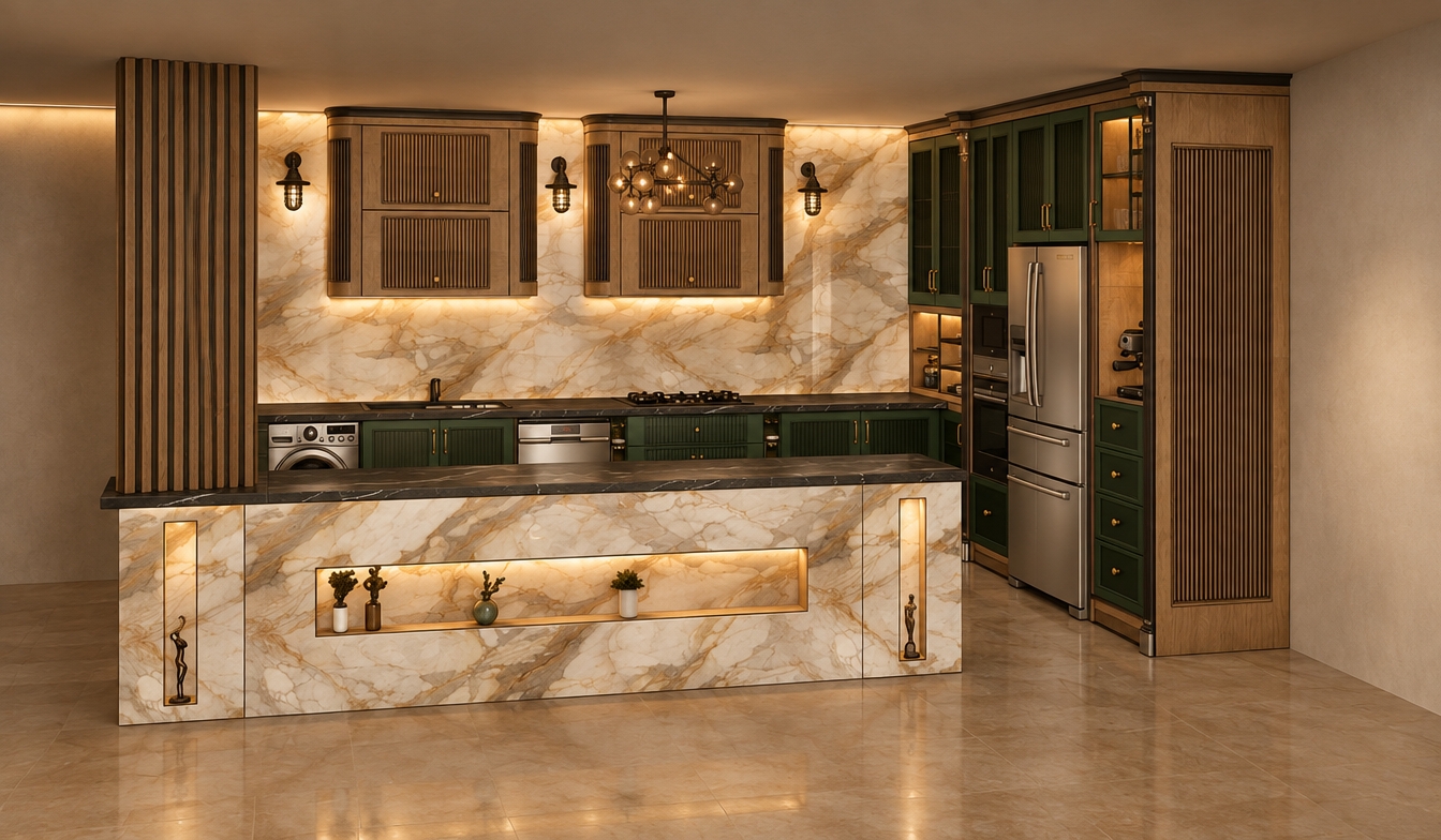 An incredibly lifelike, richly detailed, photorealistic medium-angle interior shot of a sophisticated kitchen set in a bohemian oasis. The scene is illuminated by soft, warm, diffused LED accent lighting tucked under the cabinetry and within the decorative niches, creating a tranquil and luxurious atmosphere. Captured with a 35mm lens, emphasizing the high-gloss, veined marble surfaces, the rich texture of the fluted oak wood panels, and the deep, matte forest-green lacquer of the lower cabinets.

The rendering highlights the opulent interplay of materials: the dramatic gold-and-grey veining of the marble backsplash and kitchen island contrasts perfectly with the vertical wood grain of the cabinetry. The lighting casts gentle, grounded shadows, enhancing the depth of the recessed wall niches and the refined silhouette of the modern chandelier above the counter. Reflections on the polished marble surfaces are subtle and diffused, suggesting a premium, high-end finish. Every element, from the integrated appliances to the vertical slatted wood details, is rendered with precise material accuracy, maintaining the exact spatial arrangement and proportions of the original design while elevating the environment to a magazine-worthy, serene, and elegant bohemian-luxe sanctuary.
