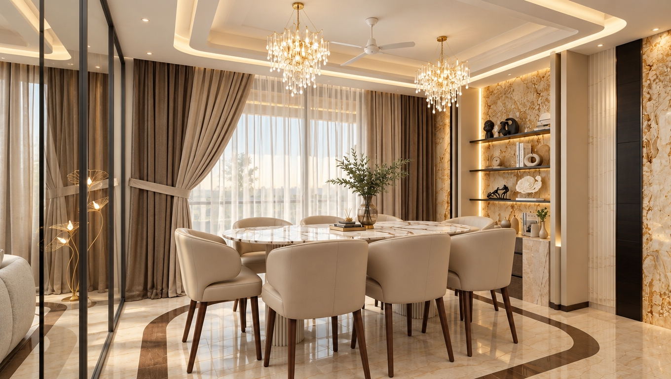 A professional architectural photograph of the dining room captured with a 35mm lens at eye level, bathed in warm, luminous ambient light and cozy 2700K incandescent accents. Soft natural daylight diffuses through the sheer beige curtains, mingling with the golden glow from the dual crystal chandeliers and hidden cove ceiling strips. The marble tabletop displays delicate natural veining and soft, realistic specular reflections, while the surrounding dining chairs showcase tactile, supple beige leather upholstery with fine stitching. Deep taupe and cream drapery exhibit realistic fabric weight and folds. The polished floor tiles reflect subtle warmth, complemented by soft, diffused shadows and gentle highlight roll-off that create depth and a rich, welcoming atmosphere.