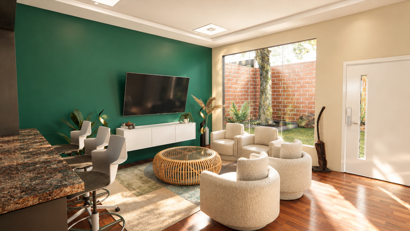 An incredibly lifelike, richly detailed, photorealistic interior perspective of a sun-drenched living space set in a modern home with subtle French country charm. The scene is illuminated by soft, diffused natural daylight flooding through floor-to-ceiling glass, creating an airy, serene, and welcoming atmosphere. Captured with a 24mm wide-angle lens, emphasizing the rich textures of the woven rattan coffee table, the soft bouclé upholstery of the curved armchairs, and the smooth, matte finish of the bold emerald accent wall.

The composition centers on an intimate lounge area defined by an earth-toned geometric rug, which anchors the space against the warmth of the polished hardwood flooring. A sleek, wall-mounted media console provides a contemporary contrast to the organic, textured elements of the room. Through the expansive glass wall, a private courtyard reveals a tranquil garden featuring a mature tree set against a rustic brick privacy wall, blurring the lines between indoor comfort and outdoor serenity. The overall aesthetic balances clean-lined modern architecture with the cozy, rustic sensibilities of a French country retreat, enhanced by high-end rendering techniques that capture soft shadows and realistic light diffusion, making the space feel vibrant, lived-in, and impeccably designed.
