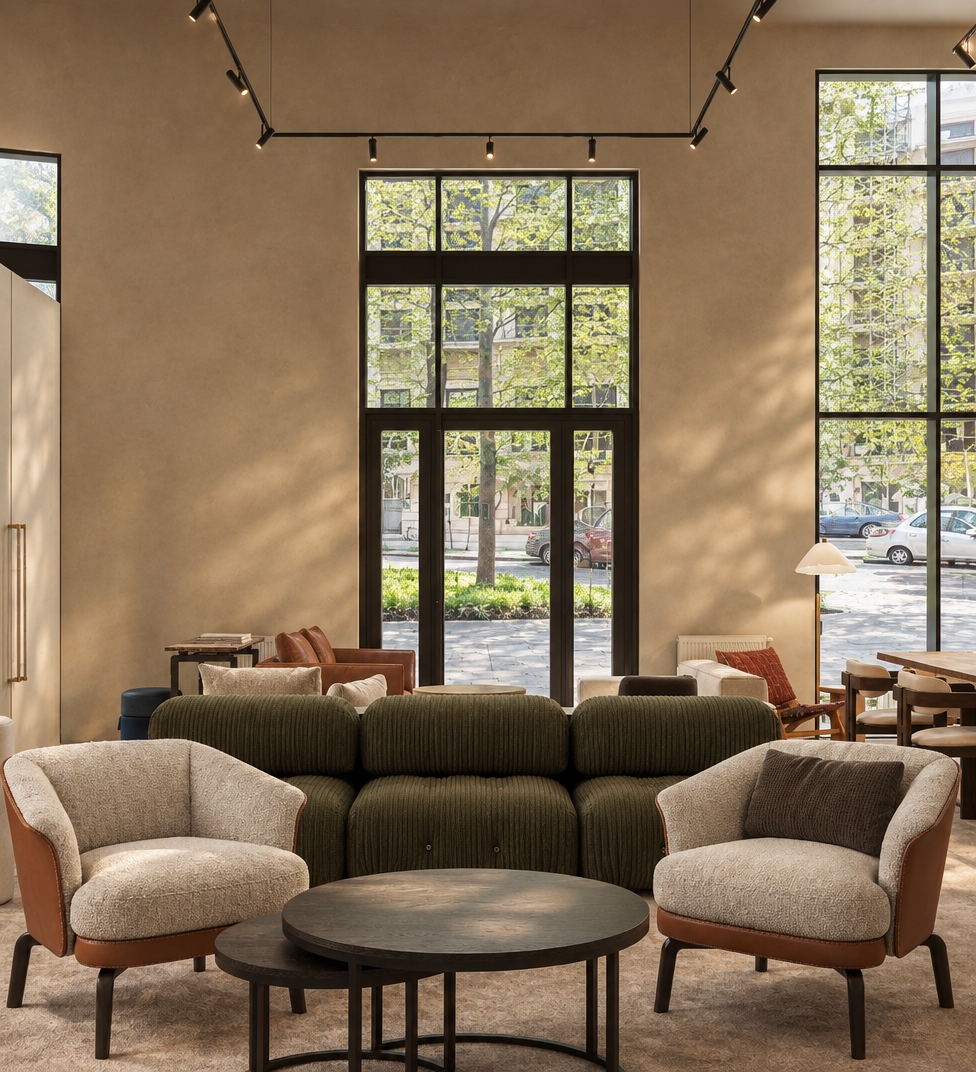 An incredibly lifelike, richly detailed, photorealistic eye-level interior shot of a contemporary urban lounge salon set in a high-ceilinged luxury loft. The scene is illuminated by soft, diffused daylight pouring through towering black-framed industrial windows, beautifully complemented by slender matte-black track pendants casting warm focal highlights, creating a serene, sophisticated, and inviting atmosphere. Captured with a 50mm architectural lens at f/4, emphasizing the tactile textures of ribbed olive-green velvet, oatmeal bouclé upholstery, saddle-stitched cognac leather shells, and smooth matte-black steel.
The reimagined space centers around a harmonious conversation lounge featuring a low-slung, channeled modular sofa flanked symmetrically by two sculptural armchairs, all grounded by a tiered set of circular blackened-oak coffee tables upon a plush, seamless wool carpet. Warm sand-toned plaster walls extend upward to dramatic ceiling heights, softening the expansive room, while the background reveals an open-concept flow toward an intimate dining setup and secondary lounge nooks. Through the towering grid windows, views of a tranquil, tree-lined metropolitan boulevard add vibrant external contrast to the deeply grounded, earthy, and refined interior palette.