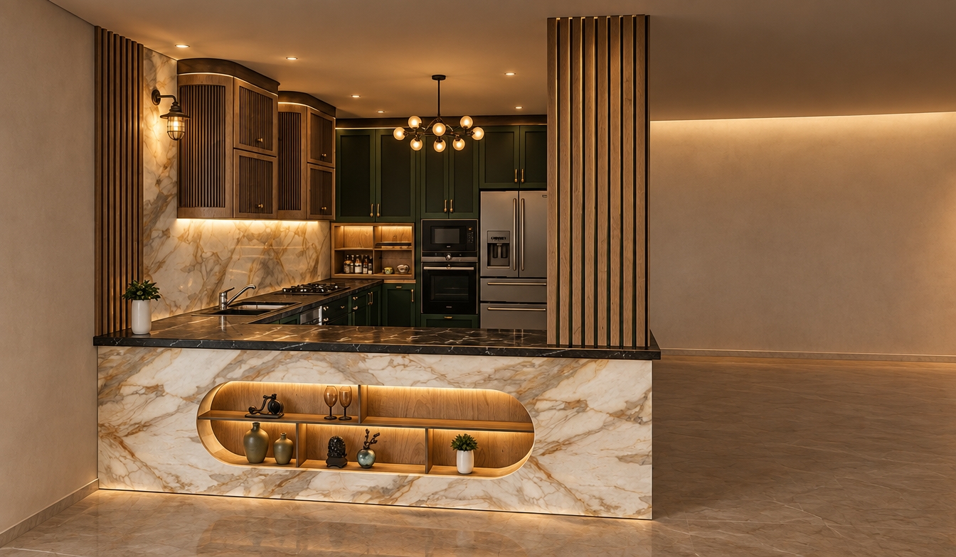 An incredibly lifelike, richly detailed, photorealistic eye-level interior shot of a sophisticated kitchen oasis set in a luxurious residential apartment. The scene is illuminated by warm, ethereal LED under-cabinet lighting and soft, recessed ambient glow, creating a serene and opulent bohemian atmosphere. Captured with a 35mm lens, emphasizing the high-gloss veining of the Calacatta marble on the island and backsplash, the fine grain of the vertical oak slats, and the deep, velvet-matte finish of the forest green cabinetry.
The composition highlights the harmonious balance between the organic marble textures and the sleek, dark countertop. The central kitchen island features a perfectly integrated, illuminated elliptical niche displaying curated artisanal decor, reflecting a gentle, diffused radiance. Above, a sculptural multi-armed pendant chandelier acts as a focal point, casting soft shadows that define the depth of the workspace. The transition between the fluted wood paneling and the stone surfaces is seamless, conveying a high-end, bespoke craftsmanship where reflections are subtle and realistic, grounding the space in a warm, inviting, and ultra-modern aesthetic.