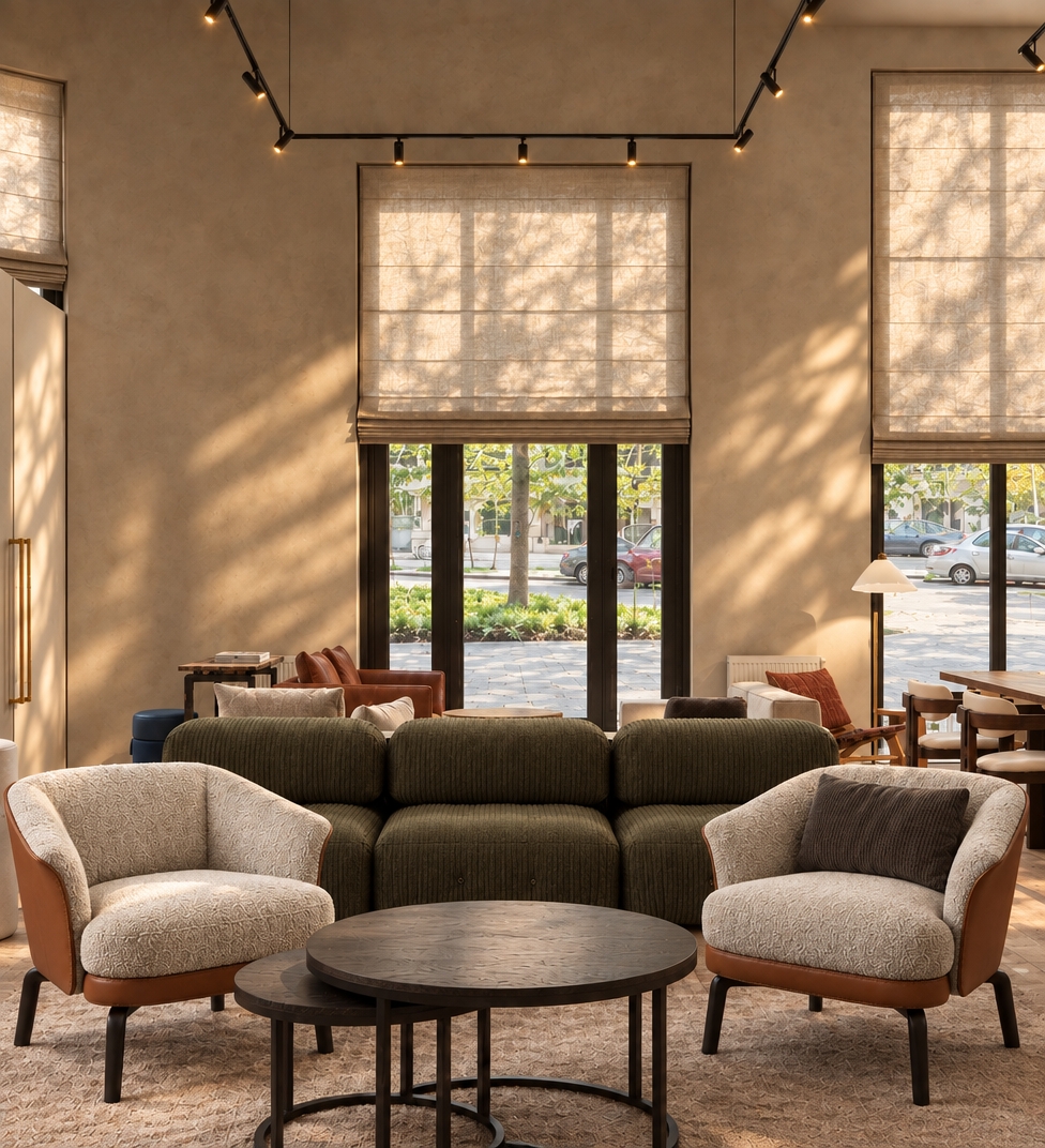 An incredibly lifelike, richly detailed, photorealistic eye-level interior shot of a sophisticated modern lounge set in an upscale urban retreat. The scene is illuminated by soft, golden late-afternoon sunlight filtering through semi-sheer linen Roman shades and accented by slender overhead track lights, creating a serene, warm, and contemplative atmosphere. Captured with an 85mm architectural lens, emphasizing tactile contrasts between velvety ribbed olive upholstery, smooth cognac leather chair shells, coarse textured neutral bouclé, and soft Venetian plaster walls dappled with organic leaf shadows. The reimagined seating cluster anchors the double-height space with nesting blackened-oak coffee tables and sculpted low-profile armchairs, creating an intimate conversation zone that seamlessly connects the refined indoor sanctuary to the sunlit, leafy streetscape framed by sleek bronze mullions.