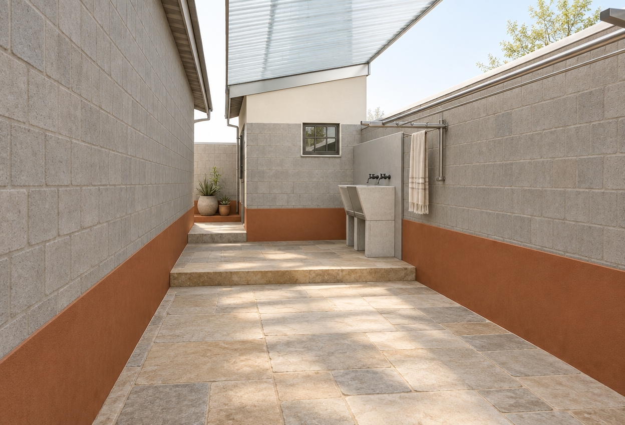An incredibly lifelike, richly detailed, photorealistic eye-level perspective of a serene, narrow service courtyard set in a tranquil Scandinavian-inspired residential enclave. The scene is illuminated by the soft, diffused light of a bright spring midday, creating a crisp, airy atmosphere that highlights the clean lines and honest materials. Captured with a 35mm lens, the focus emphasizes the interplay between the cool grey concrete-block textures and the warmth of the natural stone paving.
The space is transformed into a minimalist sanctuary, where the functional utility area—featuring a sleek, modern concrete washbasin—feels intentionally curated and purposeful. The perimeter walls are finished with a sophisticated matte white and subtle dove-grey palette, punctuated by warm, earth-toned accents at the base that ground the structure. Above, a translucent, corrugated roof panel allows gentle, filtered daylight to wash over the area. Tucked against the wall, a slender, industrial-style metal rail provides a rhythmic element, suggesting a space for drying artisanal linens. The floor is composed of large-format, irregular flagstones that add an organic texture, softened by the inclusion of a few hardy, potted succulents placed near the step. This composition masterfully elevates a utilitarian passage into a quiet, meditative corner of a home, balancing rigorous Scandinavian minimalism with the tactile, lived-in comfort of a true sanctuary.