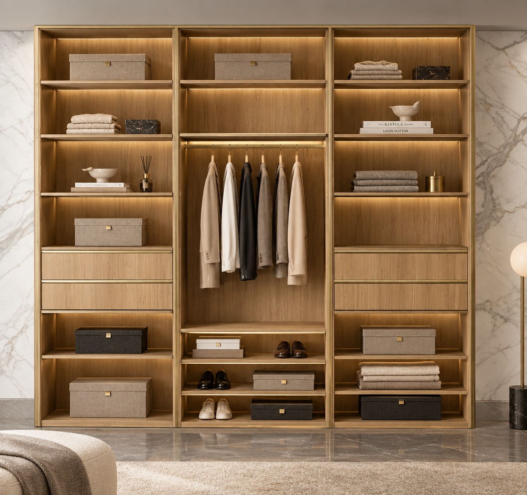 An incredibly lifelike, richly detailed, photorealistic interior shot of a bespoke walk-in closet set in a luxurious, high-end residence. The scene is illuminated by soft, diffused ambient lighting that highlights a sophisticated, contemporary elegance, creating a refined and airy atmosphere. Captured with a 35mm lens, the image emphasizes the rich, vertical grain of natural white oak cabinetry contrasted against the cool, dramatic backdrop of expansive Calacatta marble wall slabs and a polished gray stone floor.

The composition centers on the masterfully organized storage unit, which features balanced shelves and drawers integrated with slim, matte champagne-gold metal accents that catch the light with a subtle, understated glow. The design exudes a sense of curated luxury, with the surrounding space suggestively accessorized with tailored upholstered furniture and soft, sculptural lighting that casts gentle, intentional shadows. The interplay between the warm wood tones and the crisp, veined marble surfaces creates a balanced, clean-lined aesthetic, evoking the pages of a high-end interior design photography book where every detail is deliberate and polished.