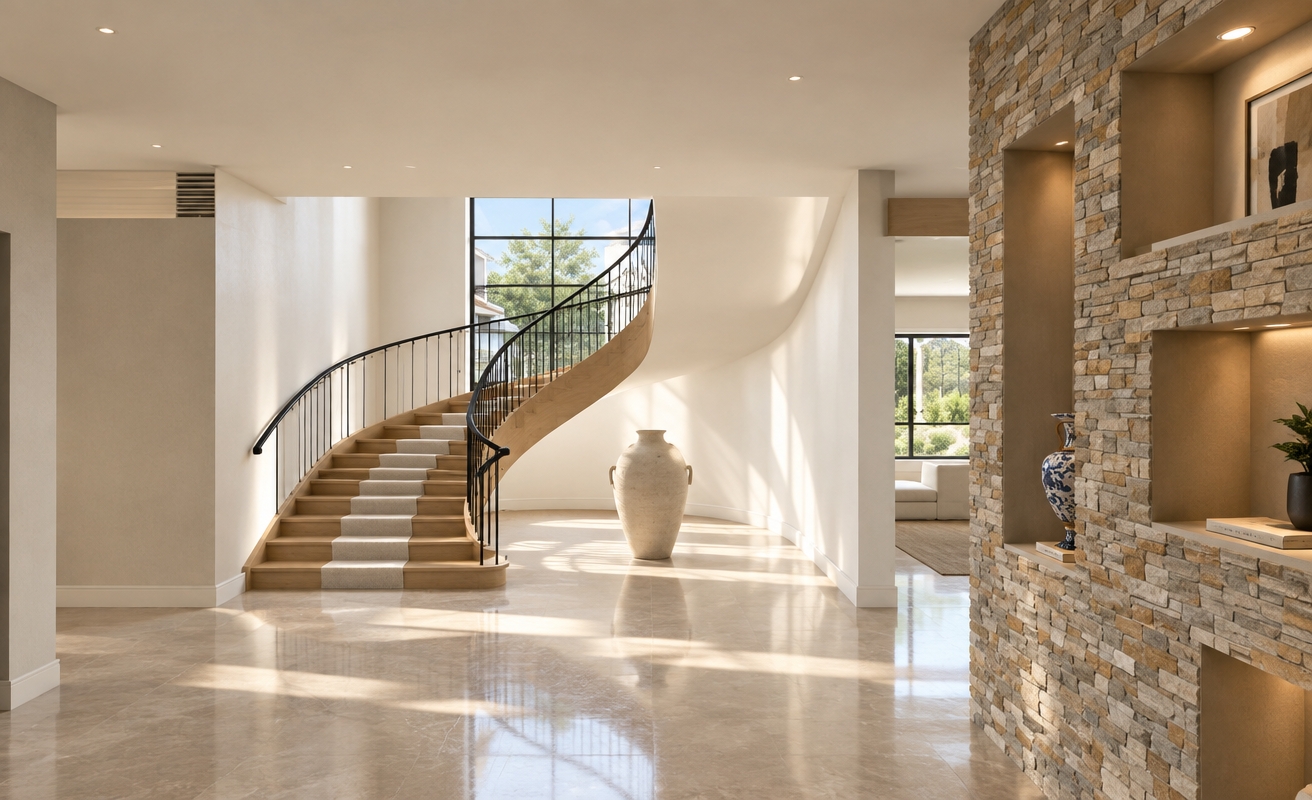 An incredibly lifelike, richly detailed, photorealistic interior shot of a grand foyer set in a sun-drenched, contemporary villa during a bright spring midday. The scene is illuminated by soft, diffused natural light pouring through expansive floor-to-ceiling windows, creating a serene and sophisticated atmosphere. Captured with a 35mm lens, emphasizing the crisp contrast between the rugged, tactile texture of the natural stone feature wall and the smooth, pearl-toned plaster surfaces.

The composition centers on a sweeping, helical staircase finished in warm white oak with a delicate, slim black metal railing that curves gracefully against the airy, high-ceilinged space. A minimalist, oversized ceramic amphora sits as a sculptural anchor in the foreground, resting on polished stone flooring that reflects the ambient light in shades of champagne and soft gray. To the right, recessed wall niches are illuminated by precise architectural lighting, housing curated decor and subtle abstract art pieces. Every element is balanced with a sense of understated luxury, from the clean-lined architecture to the tailored, polished finishes, evoking the refined aesthetic of a high-end architectural photography book.