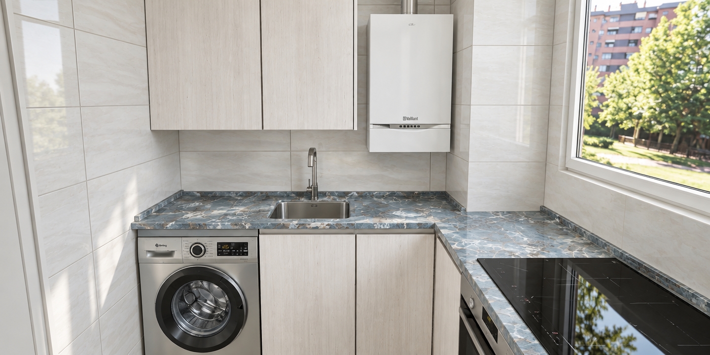 A photorealistic architectural photograph of the kitchen corner, brightly illuminated by soft natural daylight streaming through the window on the right. The upper and lower cabinets are rendered in a pale, almost white light-gray wood finish with fine, authentic grain textures. The blue-gray marble countertop displays natural veining and realistic glossy reflections, complementing the brushed stainless steel sink, faucet, and laundry machine. Subtle ambient bounce light fills the room, casting gentle, realistic contact shadows beneath the cabinets, around the wall-mounted boiler, and across the glossy ceramic wall tiles, captured with a clean wide-angle lens and balanced exposure.