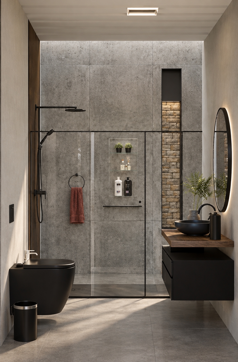 A straight-on architectural photograph of the modern bathroom taken with a 35mm lens, illuminated by bright, clear midday spring daylight balanced with the soft glow from the overhead fixture. The large-format concrete wall panels exhibit authentic micro-textures and subtle tonal variations, while the vertical stacked stone accent displays rich depth and tactile relief. Crisp, clean ambient light casts realistic diffuse shadows, reflecting gently across the transparent shower glass enclosure and round vanity mirror. The matte black fixtures, toilet, and floating wooden vanity feature natural material physics with subtle specular highlights, fine grain textures, and soft photographic realism that preserves the exact layout and perspective.
