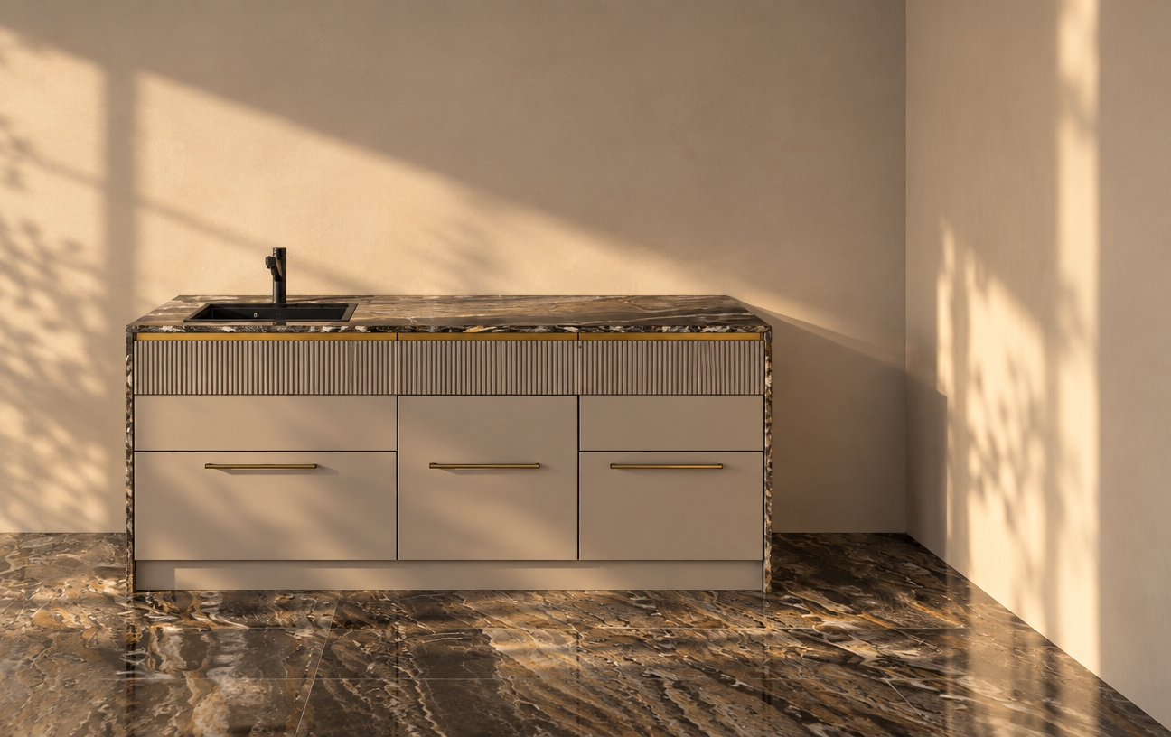 A photorealistic eye-level photograph maintaining the exact composition, camera perspective, and geometry of the beige cabinet unit and dark veined marble surfaces. Bathe the scene in warm, low-angled afternoon sunlight entering from an off-frame window, casting soft cinematic shadows across the plain wall. Capture realistic material physics, including specular reflections on the polished dark marble countertop and floor, fine tactile detail on the fluted panels, subtle sheen on brushed metal pulls, and a smooth matte finish on the black faucet, rendered with natural dynamic range and subtle photographic grain.
