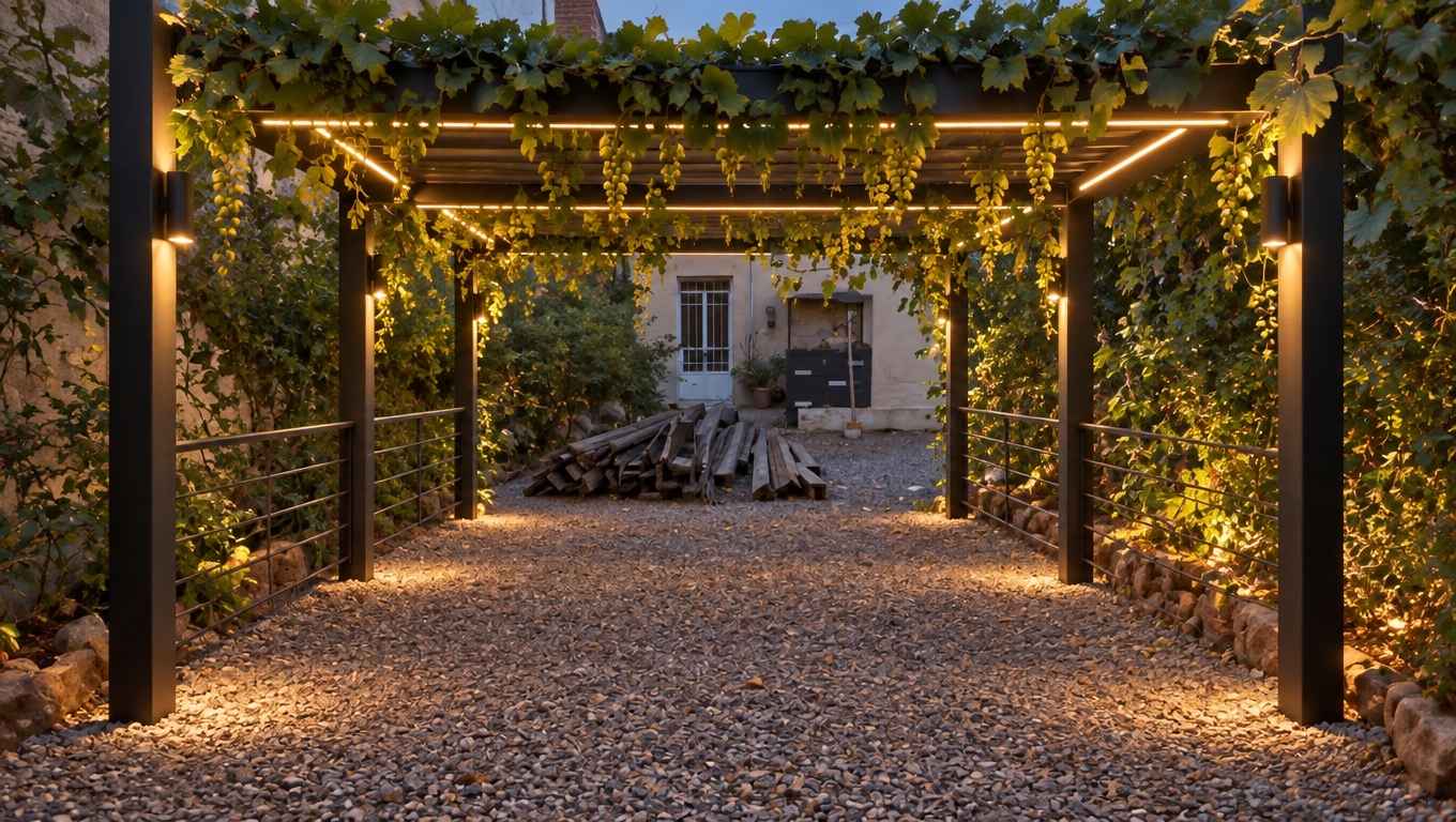 A crisp eye-level photograph of the exact narrow courtyard, maintaining the gravel ground, rustic walls, and surrounding greenery, seamlessly integrated with a modern rectangular outdoor canopy. The canopy features clean matte-dark metal columns, minimal matching side railings, and a flat dark roof covered with lush, naturally draping grapevines and hanging tendrils. Soft warm linear LED strips line the underside of the roof while small warm accent lights on the pillars cast realistic glows across the gravel below. Captured during early dusk with balanced exposure, subtle depth of field, authentic foliage translucency, and natural 35mm photographic grain preserving the original camera angle and layout.