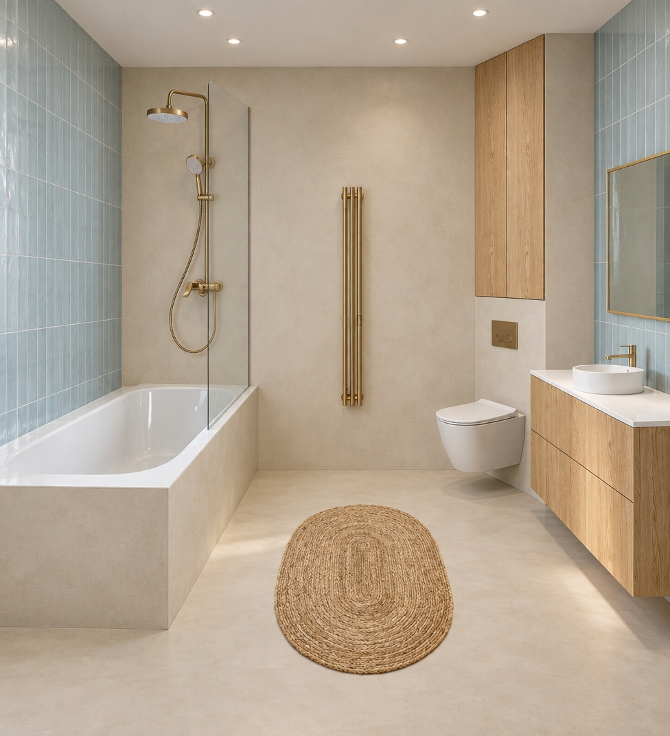 Architectural interior photograph captured straight-on with a 28mm lens, strictly preserving the scene's exact layout, proportions, and placement under balanced, neutral daylight and gentle overhead spot illumination. The side walls display pale blue vertically stacked subway tiles with realistic, tactile grout lines, contrasting against the smooth, matte warm-beige plaster back wall and continuous microcement floor. Natural light oak cabinetry features authentic vertical grain and soft matte reflections, complemented by brushed satin brass hardware on the shower fixture, towel warmer, and faucet. The glass partition exhibits subtle reflections and edge refraction, while the white bathtub, vessel sink, and wall-hung toilet display clean ceramic luster with soft ambient contact shadows. Centered on the floor, the oval braided jute rug exhibits crisp fibrous micro-texture, rendered with natural exposure, gentle depth of field, and faint film grain to ensure an authentic, unrendered photographic finish.