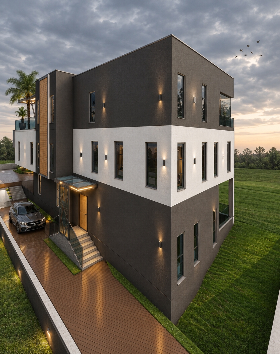 i need a 4k photorealistic render of this view, make the wall colour white, grey and wooden as seen in the image, make it as realistic as possible. make the sky cloudy with few birds make the yellow light on the front balcony glow. make the car as realistic as possible. put wall lights on the exterior walls. replace the palm tree on the second floor with a better palm tree. make all the glass windows dark tinted, reflective, glossy and a bit transparent. make the sliding glass door in the first floor dark tinted, reflective, glossy and a bit transparent. make all the glass railings a bit dark tinted, reflective, glossy and a bit transparent.
do not alter any other thing!!!