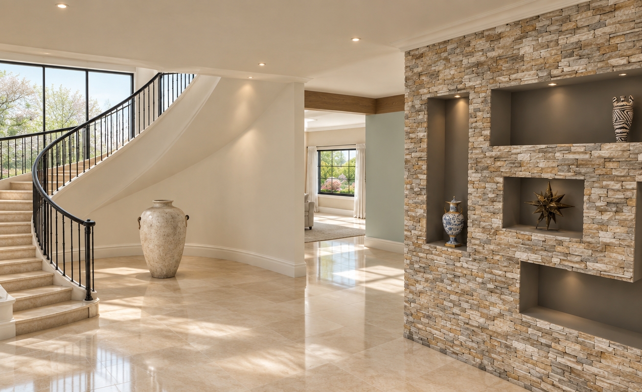An incredibly lifelike, richly detailed, photorealistic interior perspective of a grand foyer and gallery space set in a tranquil, sun-drenched estate during a bright spring afternoon. The scene is illuminated by soft, diffused light streaming through large floor-to-ceiling windows, creating a serene, light-filled atmosphere of contemporary elegance. Captured with a 35mm lens, the focus emphasizes the intricate texture of the hand-laid dry-stack stone accent wall, which provides a sophisticated, organic contrast to the polished, cream-toned stone flooring.

The composition centers on the seamless transition between the dramatic, sweeping curved staircase—defined by its sculptural silhouette and delicate, slim black metal balustrades—and the refined living areas beyond. The palette of warm whites, pearl, and champagne flows harmoniously through the space, grounded by soft gray shadows within the recessed shelving units that house curated, abstract decor. A large, artisanal ceramic vessel stands as a minimalist anchor in the foyer, while the background reveals glimpses of a lush, budding garden through clean-lined window treatments. Every element, from the balanced proportions to the refined finishes, exudes an understated, polished sophistication worthy of a high-end architectural photography book.