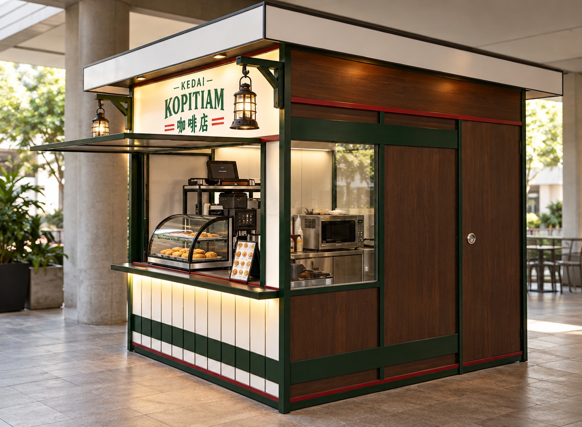 A high-definition photograph capturing the exact structure, perspective, and composition of the Kopitiam kiosk with authentic materials and natural lighting. The structure features realistic matte dark brown wood panels, dark green painted framing, and a crisp backlit banner. Transparent glass panels on the display case and side window reveal subtle reflections, dust, and an interior with real stainless steel and plastic kitchen appliances. Warm, realistic LED illumination glows softly beneath the white-paneled lower counter, complemented by ambient daylight that casts gentle contact shadows across the scene. Captured with a sharp 50mm lens at eye-level perspective, rendering true-to-life surface textures and clean photographic fidelity.