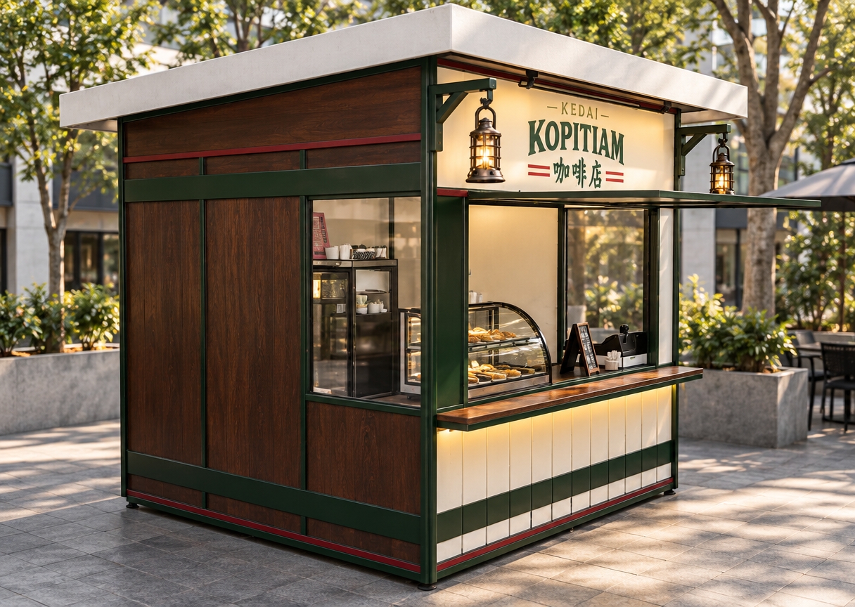A crisp, photorealistic photograph capturing the exact coffee kiosk from the identical three-quarter angle, featuring authentic material physics and realistic textures. The dark wood panels showcase subtle organic grain, the forest green trim has a smooth satin finish, and the clear glass display features realistic reflections. Warm ambient light glows softly from beneath the front counter and illuminates the Kopitiam signage, complemented by balanced neutral daylight. Captured with a sharp 50mm lens, subtle surface imperfections, and accurate shadows while strictly maintaining the original structure, composition, and framing.