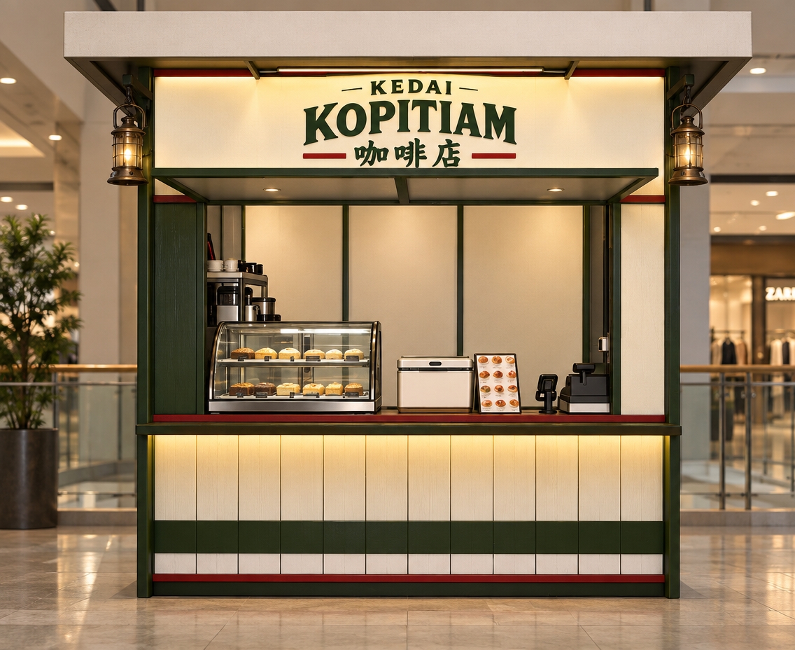 A crisp architectural photograph capturing the exact front-facing view and composition of the Kopitiam coffee kiosk with realistic materials and balanced lighting. The structure features authentic matte-painted wood panels, dark green metal trim, and clear reflective glass on the curved pastry showcase and checkout register. The upper signage glows with soft, warm backlighting, complemented by the ambient illumination of the two hanging vintage lanterns. Downward warm LED accent lighting casts subtle gradients along the vertical counter slats, creating natural depth and gentle shadows. Photographed straight-on with a sharp 50mm lens, the image displays lifelike micro-textures and accurate physical reflections while preserving every detail of the original layout and design.