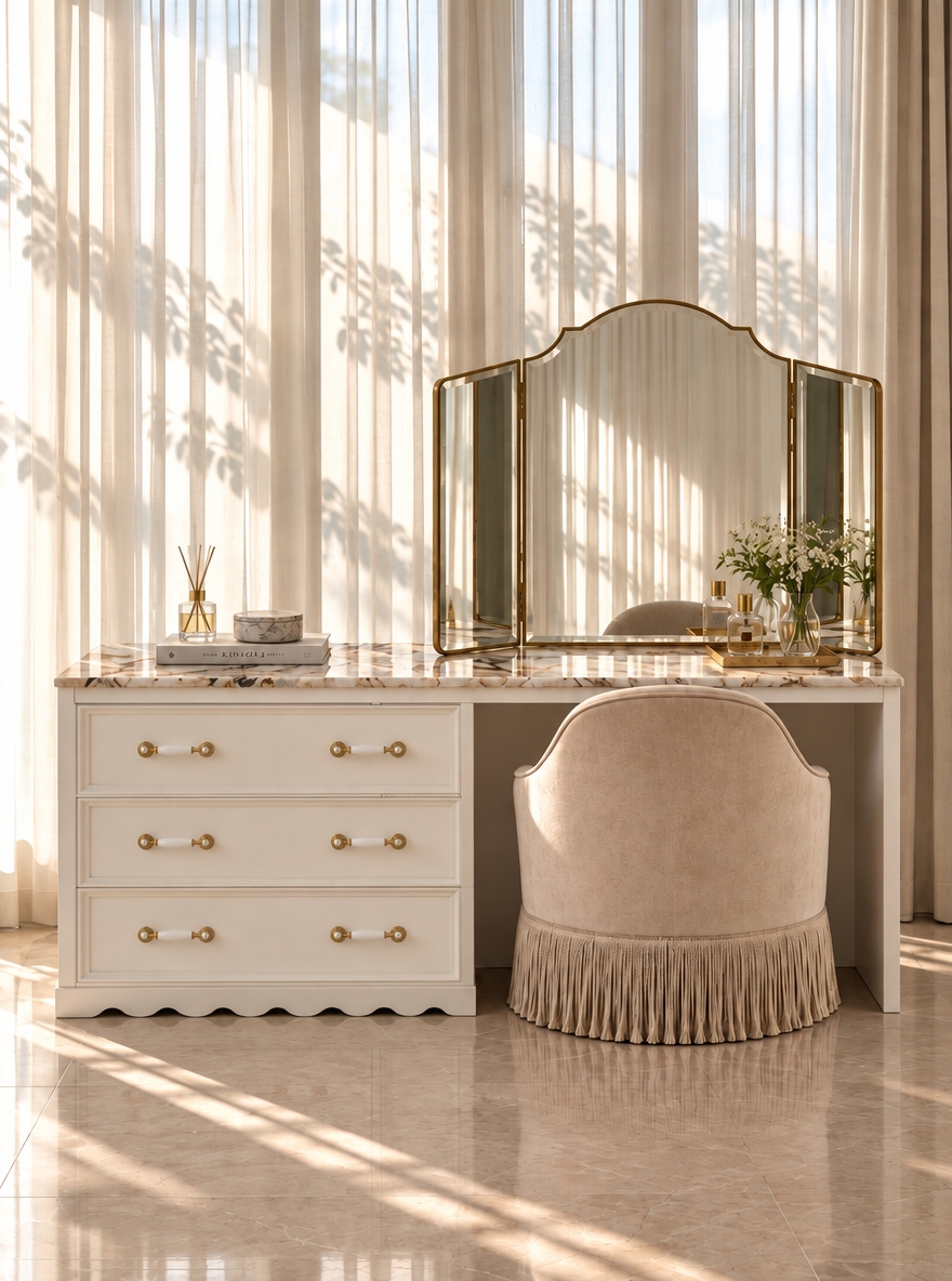 An incredibly lifelike, richly detailed, photorealistic eye-level interior shot of a bespoke vanity station set in a sunlit contemporary bedroom. The scene is illuminated by gentle morning sunlight filtering through translucent sheer curtains, casting delicate foliage shadows and creating a warm, serene, and sophisticated atmosphere. Captured with an 85mm prime lens, emphasizing the lustrous veining of the marble countertop, silky textile fringes, and refined metal craftsmanship.
Centering on the vanity's drawer hardware, the small circular end fittings are reimagined with bespoke contemporary elegance: replacing the simple round accents are exquisitely detailed, brushed champagne-gold rosettes featuring subtle concentric micro-fluting and inlaid mother-of-pearl cabochon discs. These delicate circular mounts firmly anchor the smooth, minimalist white porcelain pull bars against the satin-finish white cabinetry, catching the natural light with a subtle, luminous gleam that perfectly complements the gilded tri-fold mirror and elevated aesthetic of the suite.