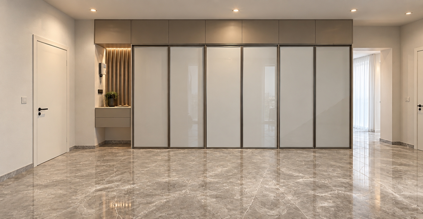 The photo captures a serene and impeccably designed contemporary interior, a true minimalist haven, dominated by a vast, integrated storage system that seamlessly blends into the architecture, hinting at an expansive walk-in closet or a highly functional entrance wardrobe. The polished light grey marble floor, intricately veined with delicate white patterns, provides a luxurious yet understated foundation, reflecting the soft, even light that bathes the space. The main storage unit commands the central wall, featuring a row of sleek, matte light grey upper cabinets that meet a series of floor-to-ceiling sliding panels, likely crafted from frosted glass or a similar translucent material, framed by slim, brushed metal profiles, exuding a sense of refined simplicity. To the left, an open niche reveals a practical built-in console with light grey drawers, backed by warm, vertical wooden slats that introduce a natural, tactile element amidst the cool tones, complete with an intercom system and a modern light fixture. The surrounding walls are rendered in a crisp, subtly textured off-white, allowing the architectural forms and the impressive storage solution to take center stage. Two plain white doors with minimalist matte black lever handles are visible on either side, one leading out of the frame on the left and another partially open on the far right, suggesting further private spaces. The overall composition is clean and symmetrical, emphasizing functionality and an uncluttered aesthetic, creating an atmosphere of calm sophistication.