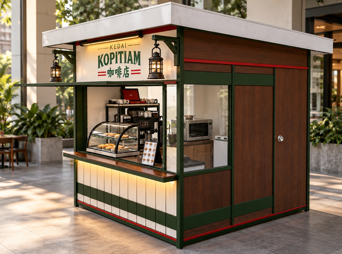 A sharp architectural photograph of the kopitiam coffee kiosk, precisely preserving the exact geometry, camera angle, materials, and layout. Realistic textures replace the 3D surfaces, showcasing authentic painted wood grain on the dark brown panels and white slats, satin-finished dark green framing, and cast-iron hanging lanterns. Soft, warm amber illumination radiates from beneath the front service counter, balanced by soft, diffuse ambient daylight. The clean glass of the pastry display case and side window features subtle, realistic reflections revealing the detailed matte black and stainless steel coffee equipment within. Captured with a sharp 50mm lens, balanced exposure, clean depth of field, and crisp photographic realism.